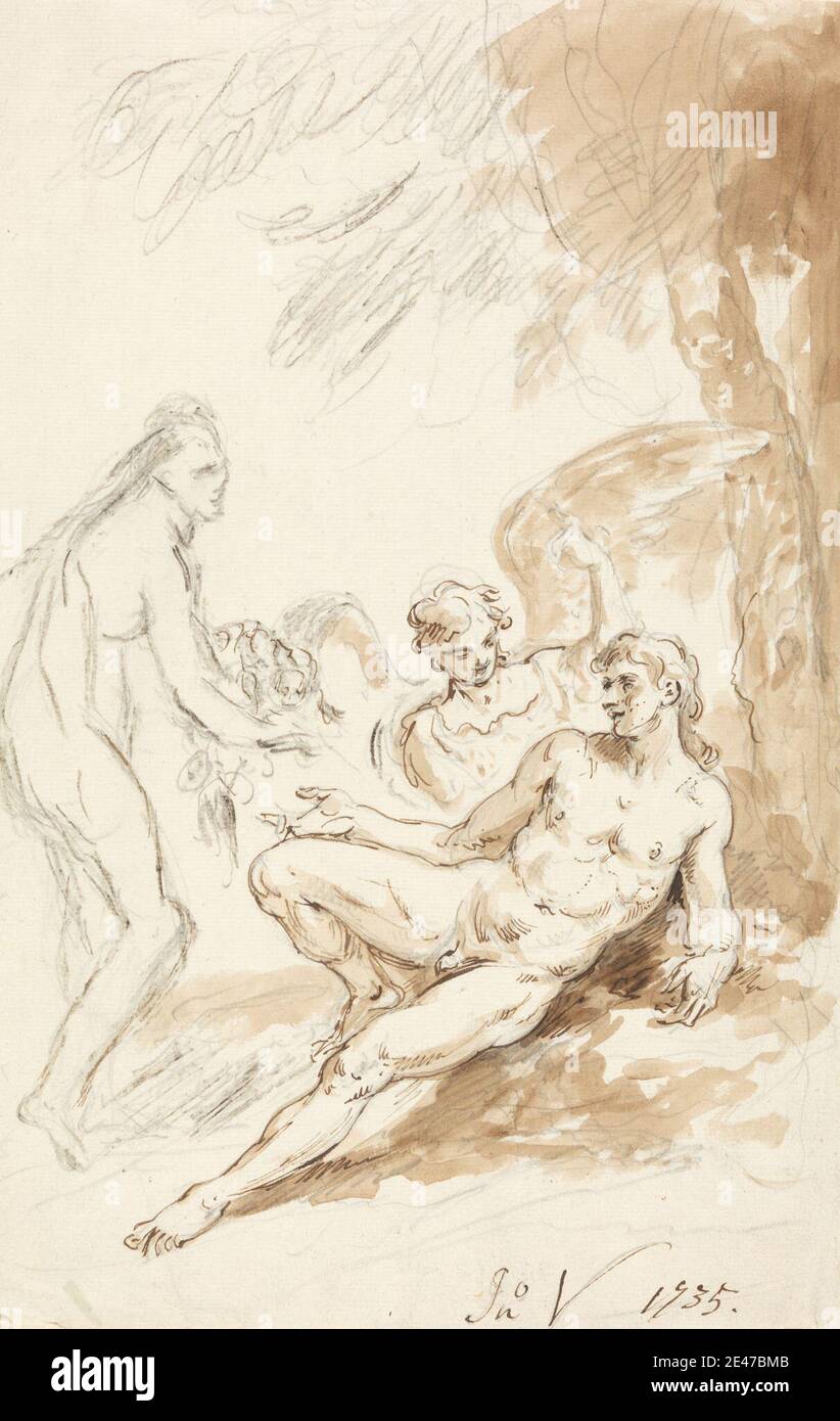 John Vanderbank, 1694–1739, Britannique, visite de Raphaël à Adam et Eve, du paradis de Milton, non daté. Lavage brun et graphite avec stylo et encre brune sur papier à la crème, légèrement texturé, moyen. étude de figure , Paradise Lost (publié en 1667) par John Milton , sujet religieux et mythologique. Raphaël Ève Adam Banque D'Images