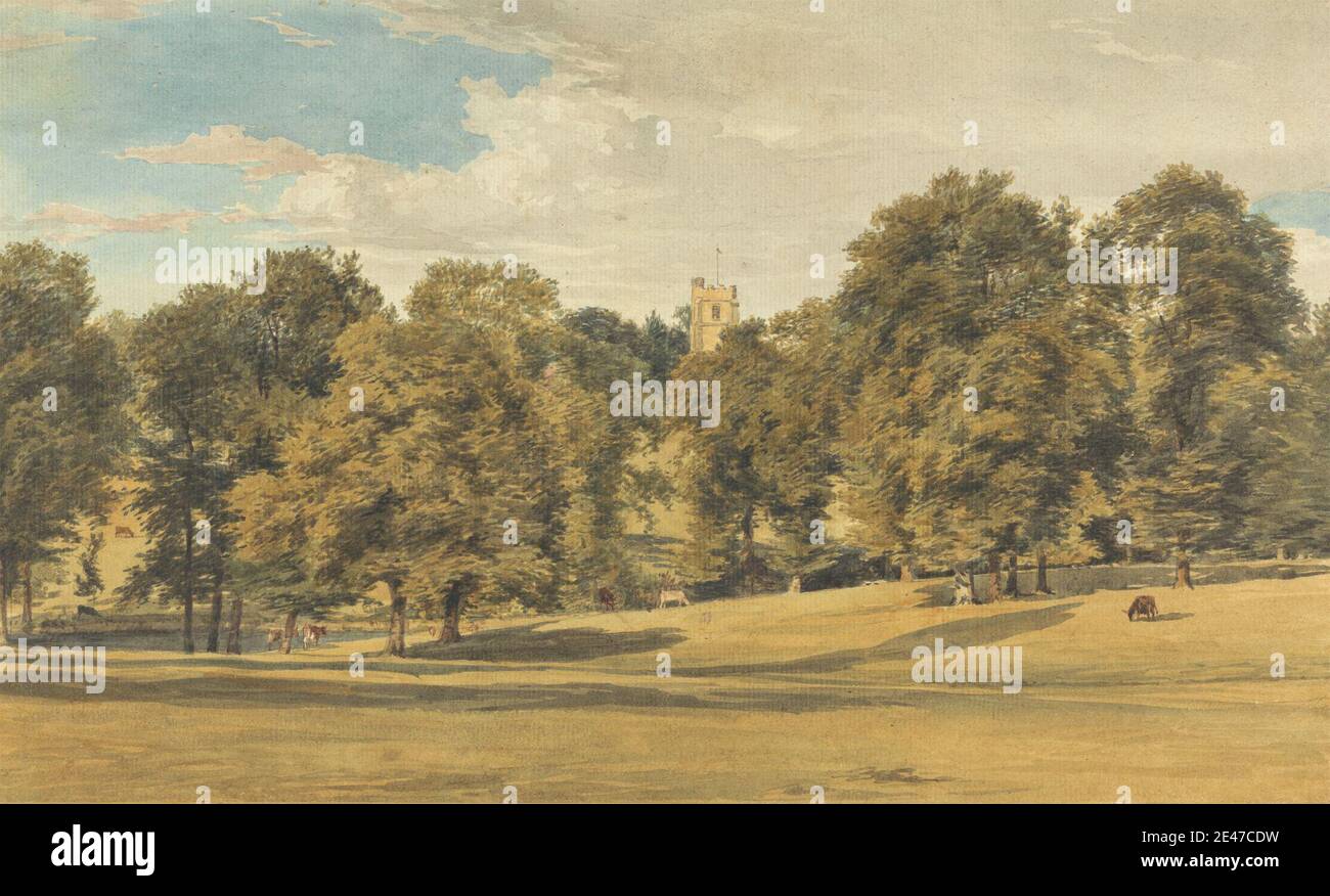 William Henry Hunt, 1790–1864, British, Bushey Church du Sud-Ouest, ca. 1820. Aquarelle et graphite sur papier légèrement épais, légèrement texturé, crème. Sujet architectural , église , vaches , champ , jardin , pâturage , terrain , paysage , parc (terrain) , mouton , printemps , été , tour (bâtiment) , arbres. Bushey , Angleterre , Europe , Hertfordshire , Royaume-Uni Banque D'Images
