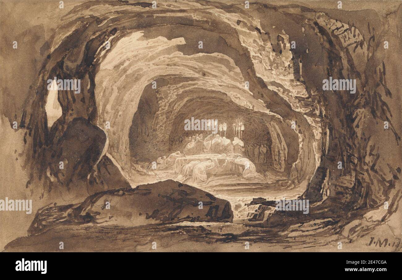 John Martin, 1789–1854, Britannique, Burial of Sarah, 1833. Encre brune et lavage brun sur papier vélin moyen, légèrement texturé, crème monté sur une carte épaisse, lisse, crème. Enterrement , bougies , grotte , mort , figures , funérailles , agenouillement , deuil , prière , sujet religieux et mythologique , rochers (formes langriennes) , L'enterrement de Sarah dans la grotte de Machpelah , les voiles , la tombe , les torches. Ad Daffah al Gharbiyah , Asie , Grotte des Patriarches , Hébron , Israël. Sarah Banque D'Images