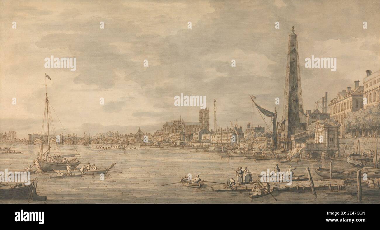 Canaletto, 1697–1768, vénitienne, active en Grande-Bretagne (1746–55), la ville de Westminster près de la porte d'eau de York, entre 1746 et 1747. Stylo, encre brune et gris laver sur papier épais, légèrement texturé, crème. Sujet architectural , pont (travaux de construction) , bâtiments , cathédrales , paysage urbain , colonnes , docks , porte , jetées , rivière , tour d'eau. Cité de Westminster , Angleterre , Londres , Thames , Royaume-Uni Banque D'Images