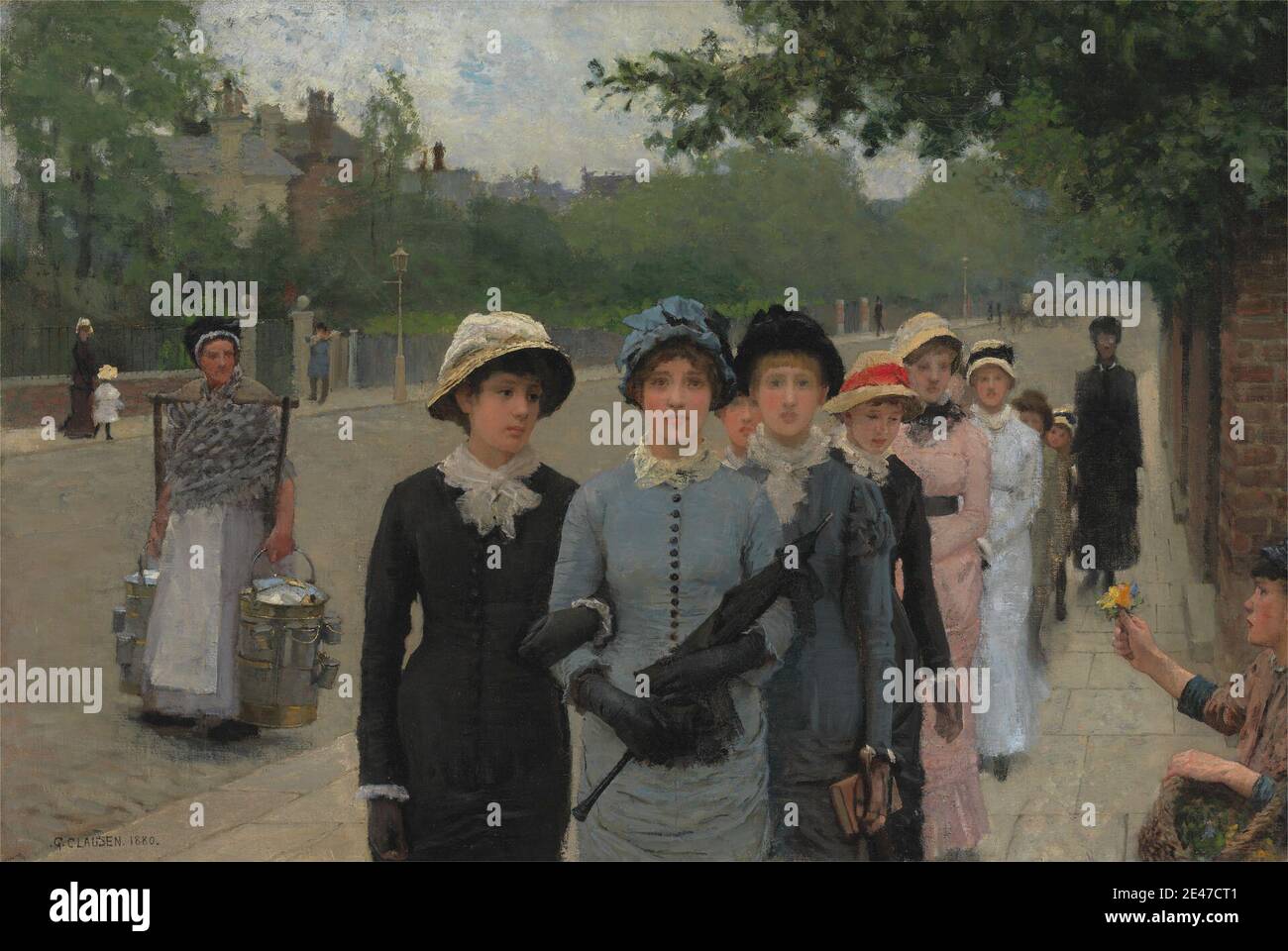 George Clausen, 1852–1944, Anglais, écolières, 1880. Tablier (vêtement principal) , panier , mendiant , capot , livre , boutons (attaches) , contraste , filles , personnes âgées , lunettes , fleur (plante) , genre sujet , filles , gants , femme de ménage , parasol , posy , professeur , élèves , ruban , école , Écolières , vente , châles , châles , spectacles , rue , vendeurs de rue , étudiants , ville , parapluie , victorien , marche , joug , jeunesse . Angleterre , Londres , Royaume-Uni Banque D'Images