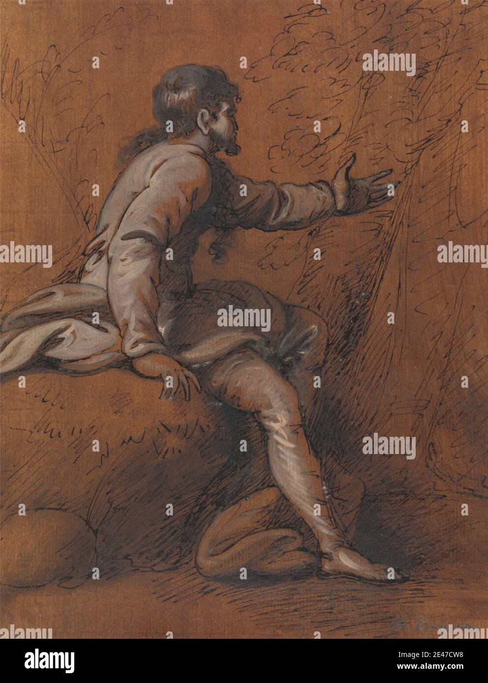 Mather Brown, 1761–1831, américain, actif en Grande-Bretagne, Homme assis sur un rocher, non daté. Peinture à l'encre noire et à la plume, au graphite et à l'huile sur du papier beige moyennement texturé. étude de figure , figures (représentations) , gestuelle , homme , roches (formes terrestres) Banque D'Images