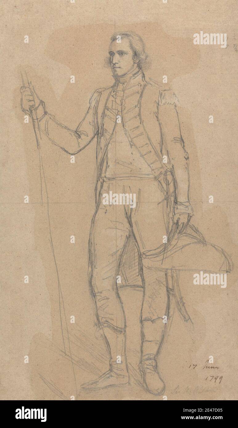 Thomas Hickey, 1741–1824, irlandais, étude de Sir Alexander Allan, 1799. Graphite sur papier peint moyen, modérément texturé, beige. Homme , portrait , debout , bâtons de marche Banque D'Images