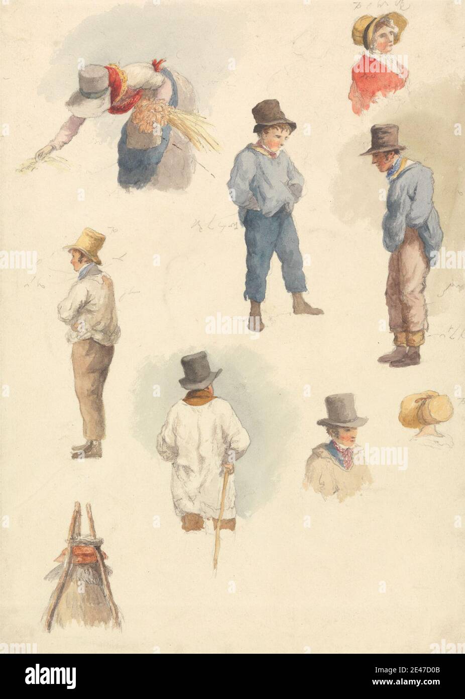 Robert Hills, 1769–1844, British, Farm Fliners and autres Studies, non daté. Aquarelle et graphite sur du papier de vélin moyennement épais et modérément texturé. Bonnets , garçons , ferme , agriculteurs , étude de figure , chapeaux , ouvriers , hommes , femmes , travailleurs Banque D'Images