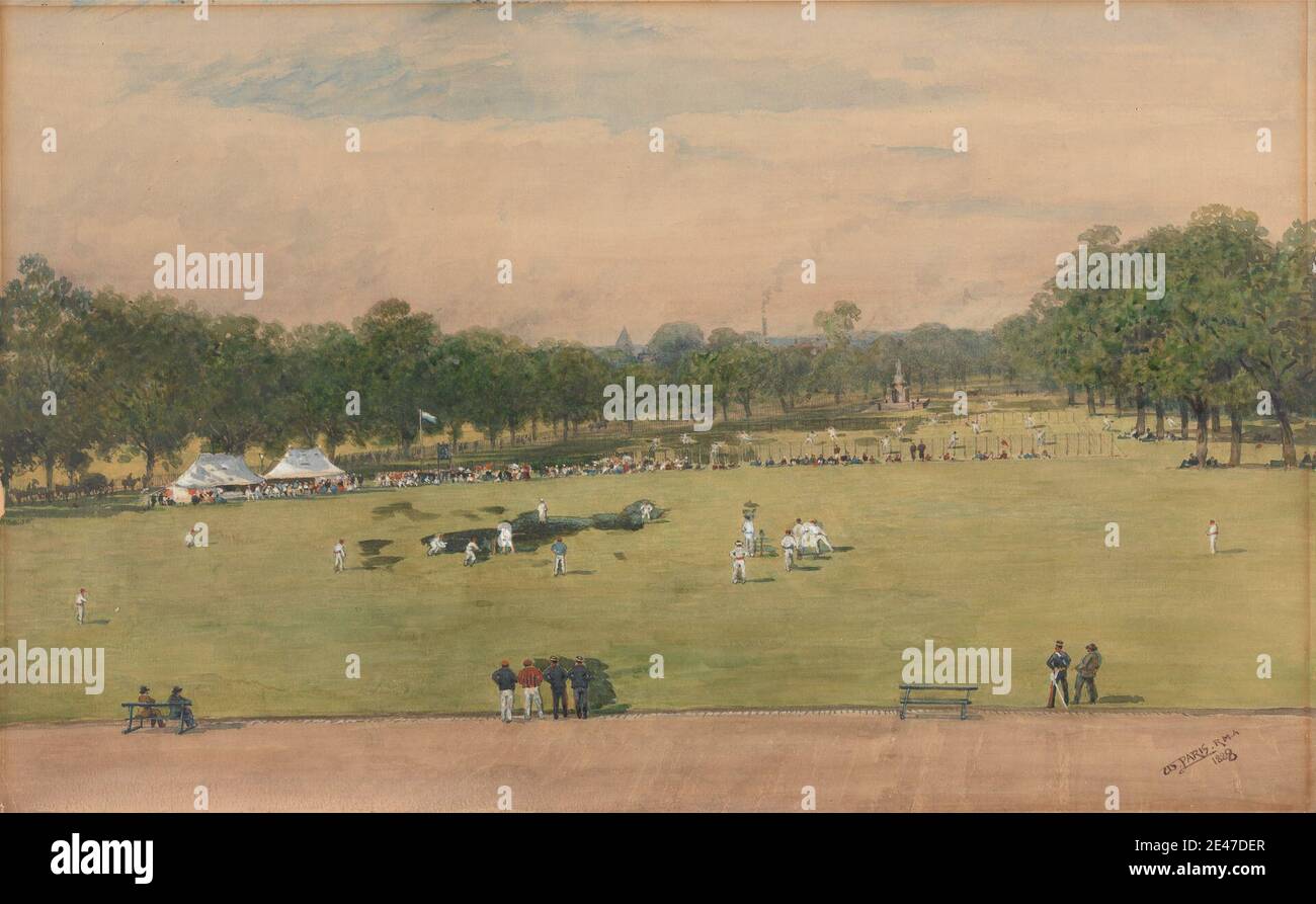 Walter Paris, 1842–1906, British, UN match de cricket de l'Artillerie royale marine, Londres, 1888. Aquarelle, gouache et graphite sur support, légèrement texture, papier de wove beige. Artillerie , banc , cricket , terrain , figures (représentations) , jeu , paysage , hommes , parc (aire de loisirs) , chemin , terrains de jeu , tentes , arbres , femmes. Angleterre , Europe , Grand Londres , Londres , Royaume-Uni Banque D'Images