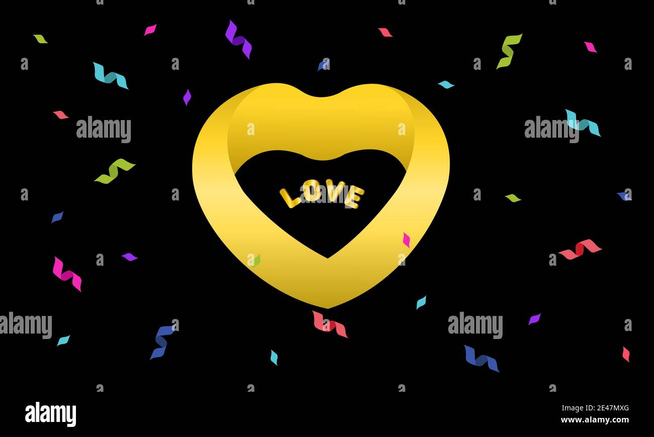 Afficher la Saint Valentin amoureux. Les coeurs d'or entourent le mot amour, les petits morceaux de ruban sont soufflés. Banque D'Images