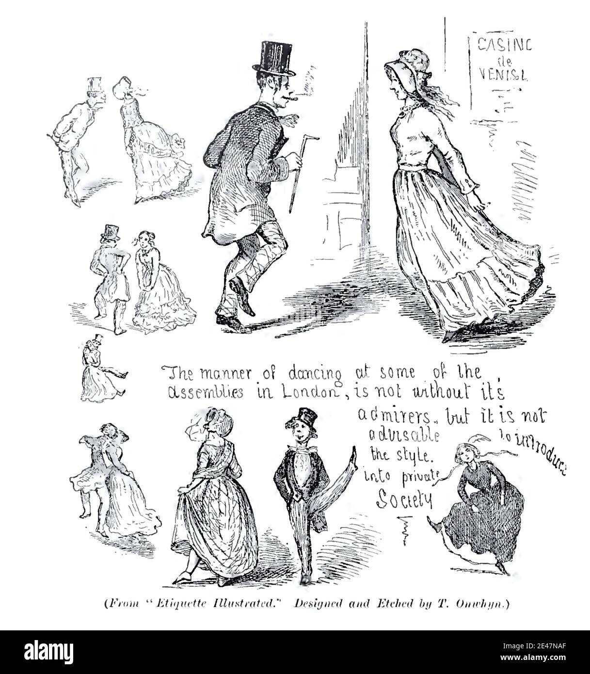 Thomas Onwhne illustration satirique vintage donnant des conseils au gentleman sur la pertinence ou autrement de différents styles de danse à employer Banque D'Images