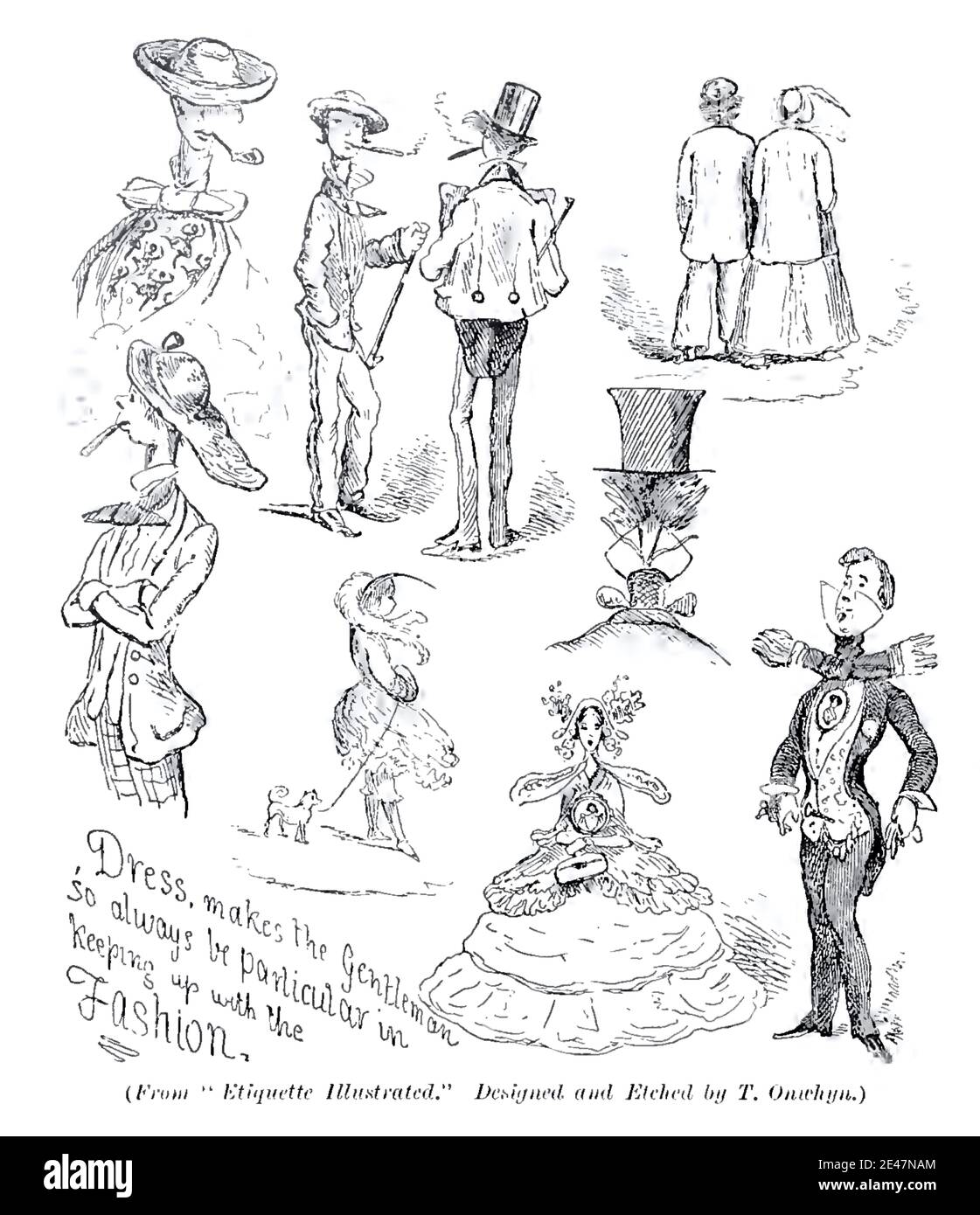 Illustration satirique Thomas Onwhyn vintage donnant des conseils au gentleman sur la forme correcte de robe à porter pour suivre la mode. Banque D'Images