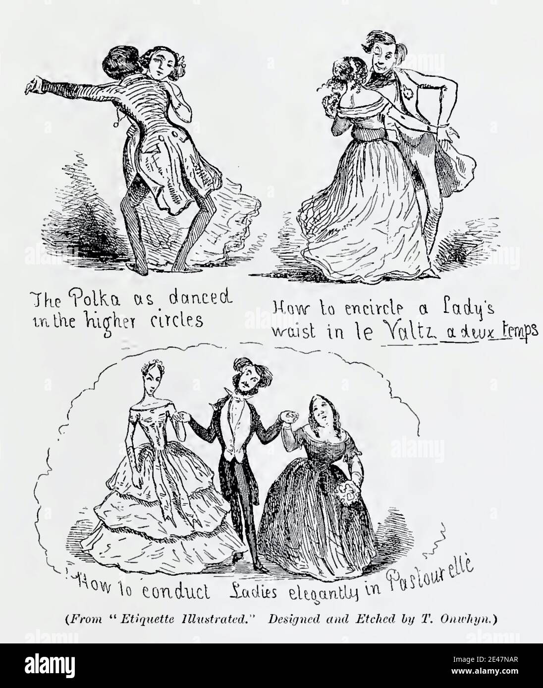 Illustration satirique antique vintage intitulée étiquette illustrée par Thomas Onwhyn de 1896. Un guide de gentleman pour l'étiquette sur la piste de danse. Banque D'Images