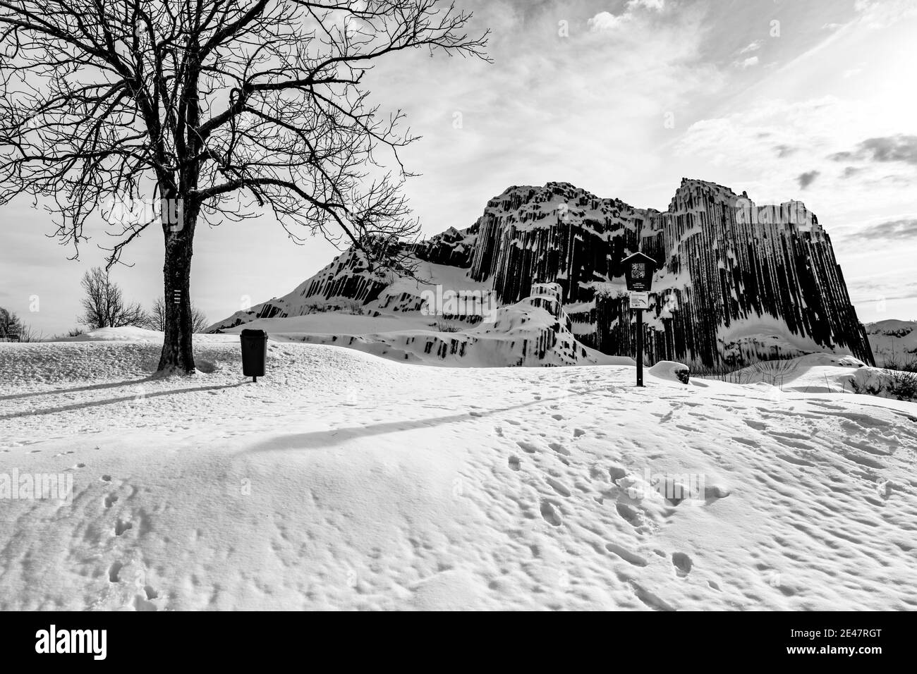 Panska skala - formation rocheuse de colonnes pentagonales et hexagonales de basalte. Ressemble à des tuyaux d'orgue géants. Couvert de neige et de glace en hiver. Kamenicky Senov, République tchèque. Image en noir et blanc. Banque D'Images