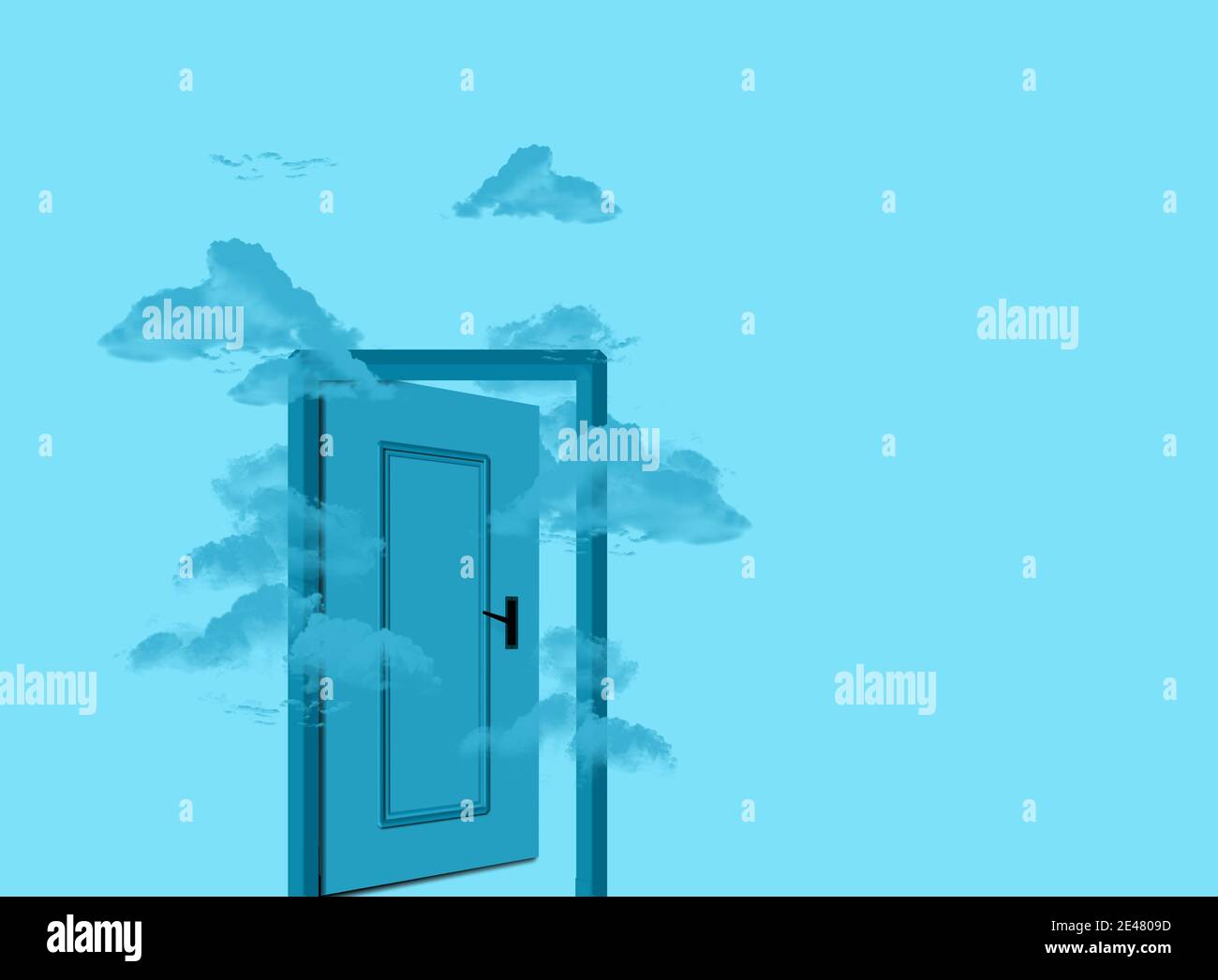 porte bleue dans le ciel nuageux, avec des nuages bleus volent à travers la demi-porte ouverte. Illustration conceptuelle 3D du concept imagination. Design élégant Banque D'Images