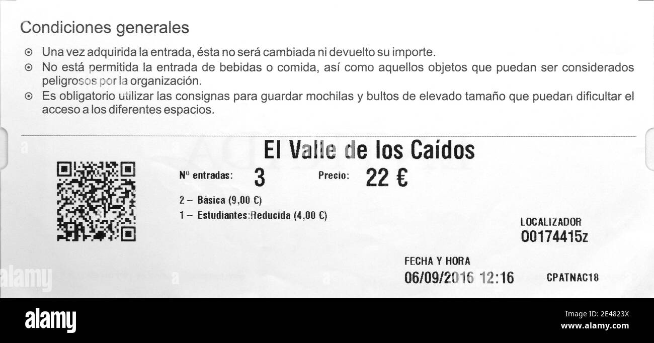 Billet d'entrée Valley of the Fallen site de la tombe de Franco Jusqu'à ce qu'il soit enlevé le 24 octobre 2019 Sierra de Guadarrama Espagne Banque D'Images