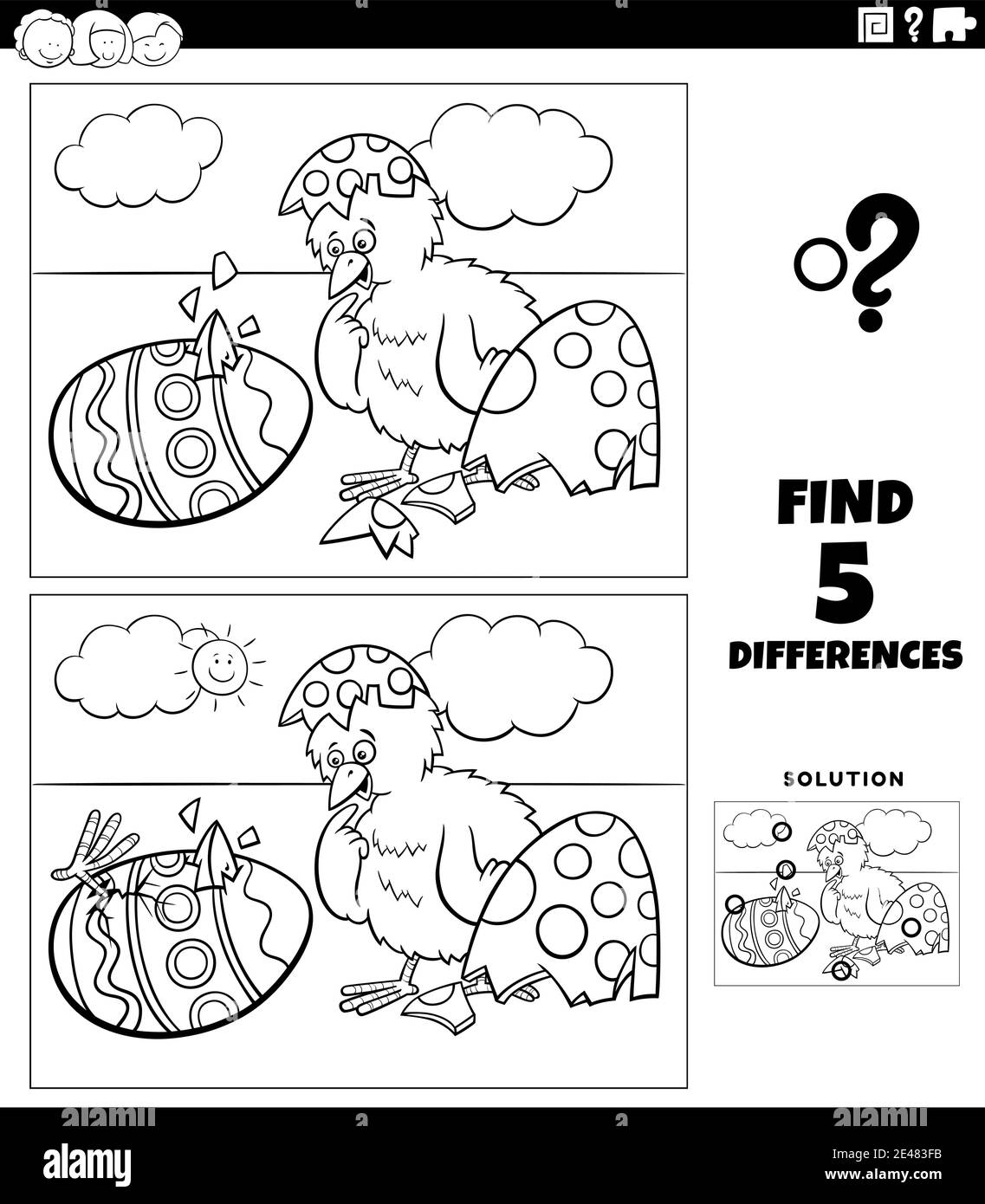 Illustration de dessin animé noir et blanc de la recherche des différences entre Images jeu éducatif pour les enfants avec des poussins de Pâques à partir de œufs c Illustration de Vecteur