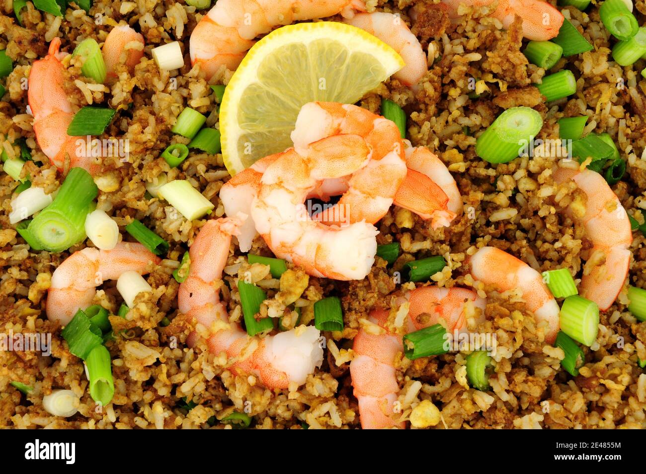 Riz frit aux œufs avec crevettes et fond d'oignons de printemps Banque D'Images