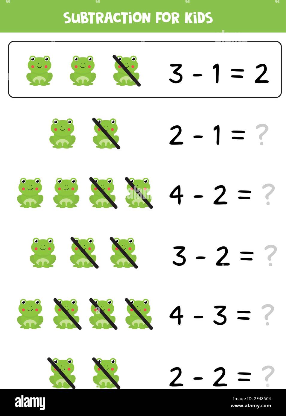 Jeu de soustraction pour enfants avec mignon dessin animé grenouille. Jeu de mathématiques pour enfants. Illustration de Vecteur
