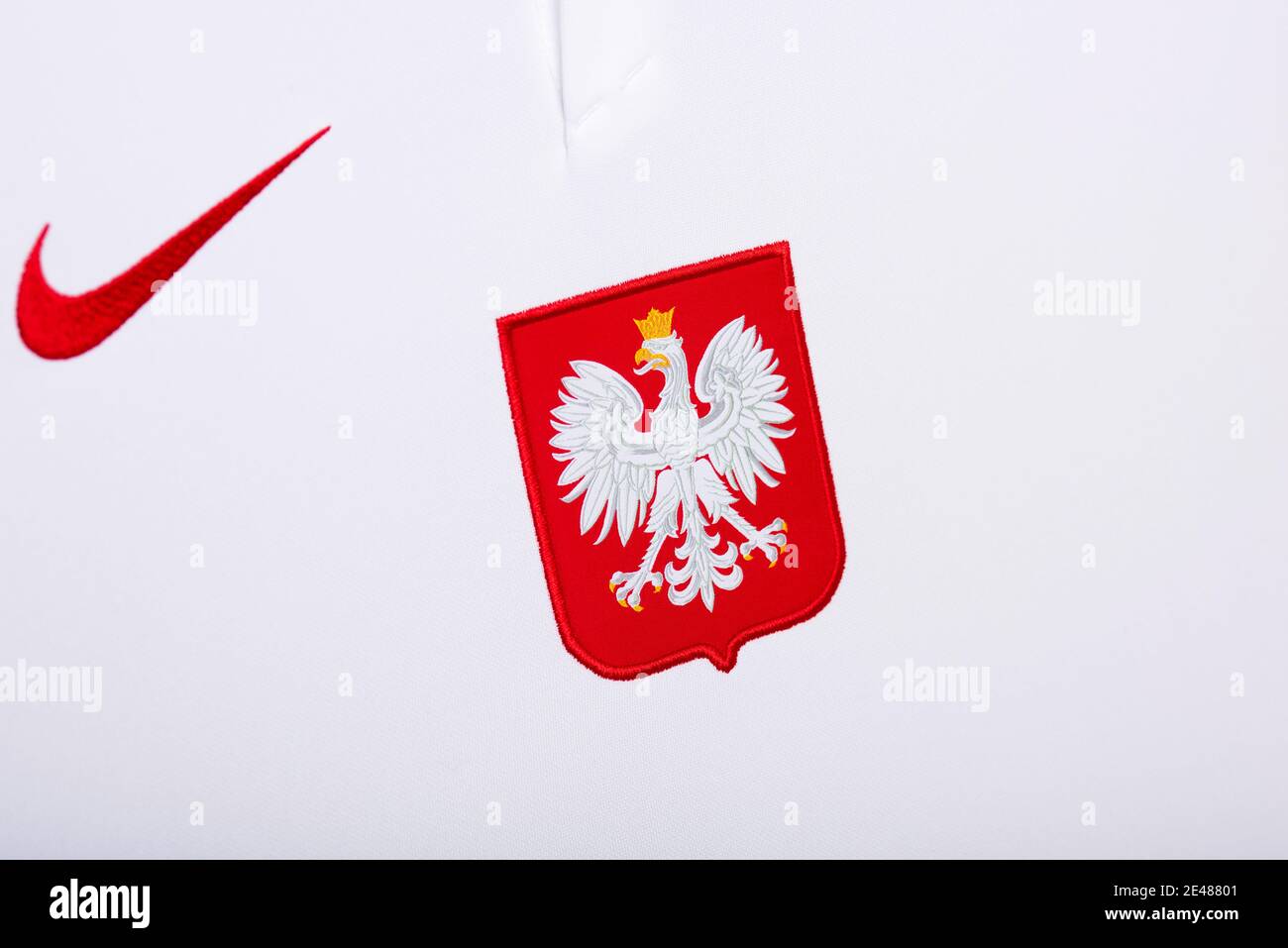 Gros plan sur la tenue de l'équipe nationale de football de Pologne Banque D'Images