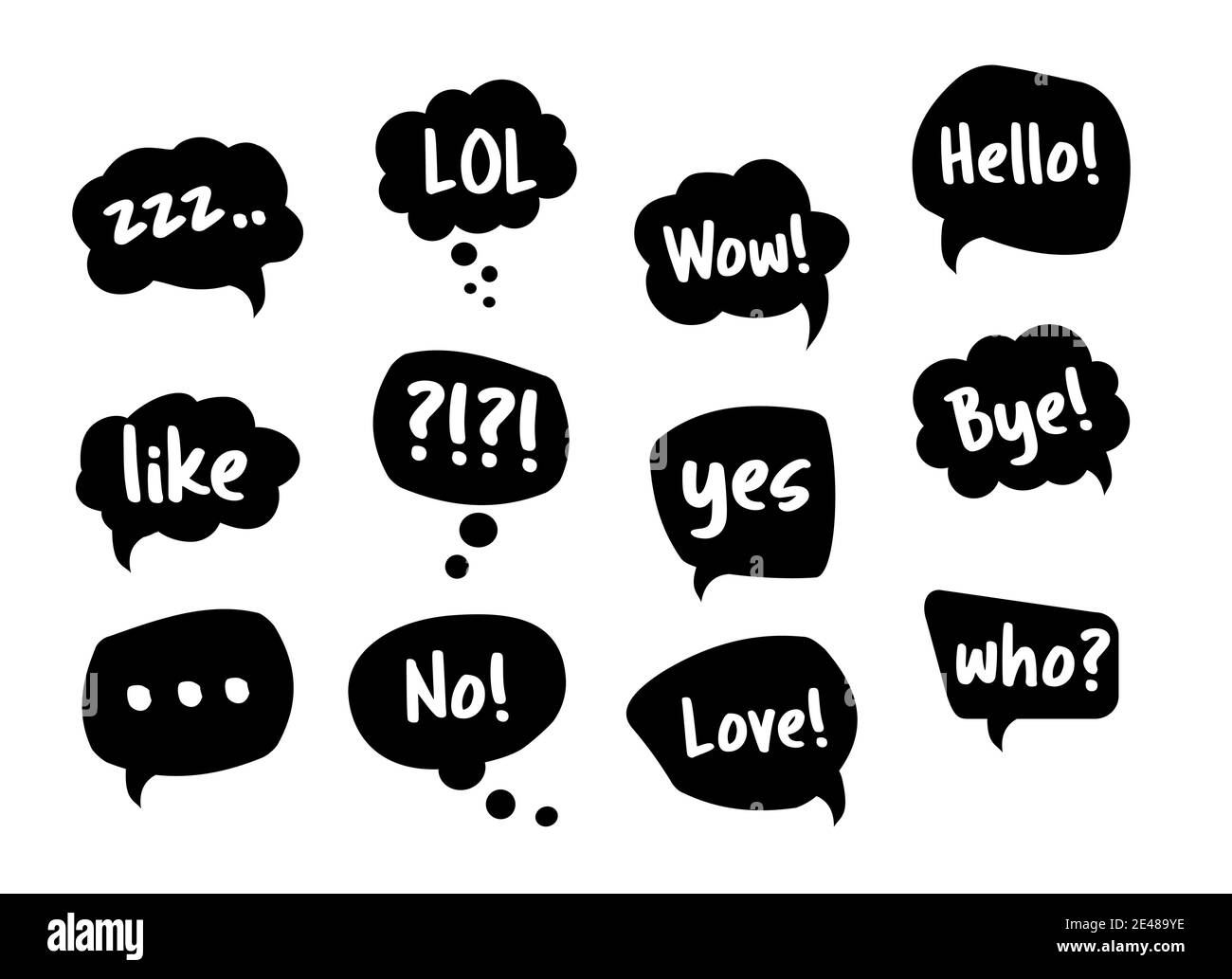 Ensemble de bulles de parole de style comique. Dessiné à la main avec des phrases Wow, Bonjour, non, Oui, qui, Bye, amour. Des bulles de pensée noires. Illustration vectorielle doodle s. Illustration de Vecteur Ensemble de bulles de parole de style comique. Dessiné à la main avec des phrases Wow, Bonjour, non, Oui, qui, Bye, amour. Des bulles de pensée noires. Illustration vectorielle doodle s. Illustration de Vecteur