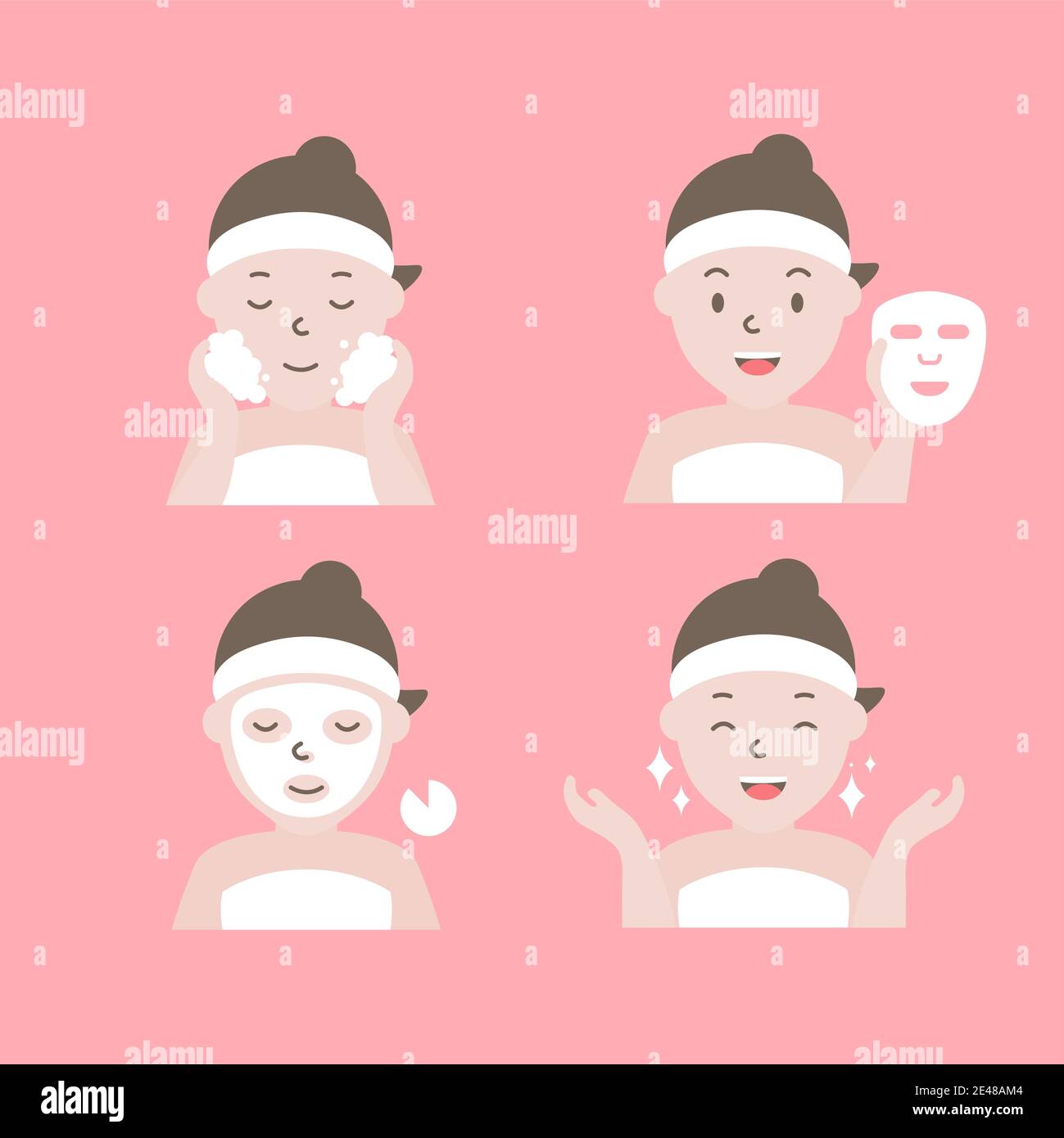 Étapes d'application du masque facial. Femme avec pas de masque. Illustration de Vecteur