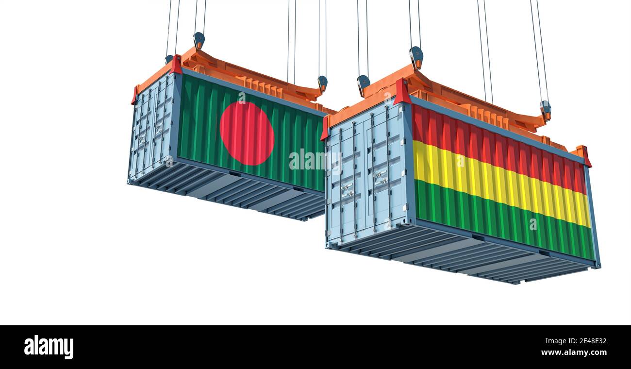 Conteneurs de fret avec drapeau de la Bolivie et du Bangladesh. Rendu 3D Banque D'Images