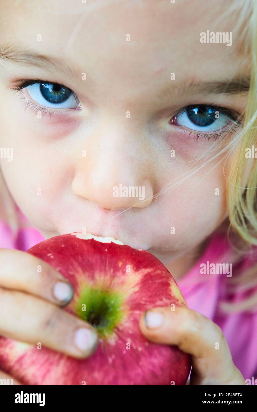 Enfant fille mangeant de la pomme fraîche après avoir putain de l'arbre. Gros plan portrait Banque D'Images