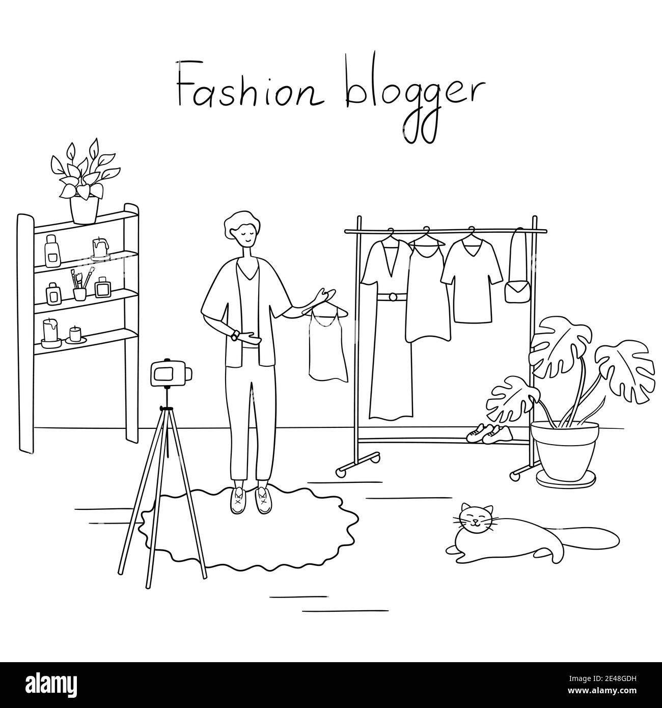 Blogueur de mode. Le jeune homme enregistre de la vidéo pour ses disciples. Guy explique comment s'habiller avec élégance. Illustration linéaire vectorielle Illustration de Vecteur