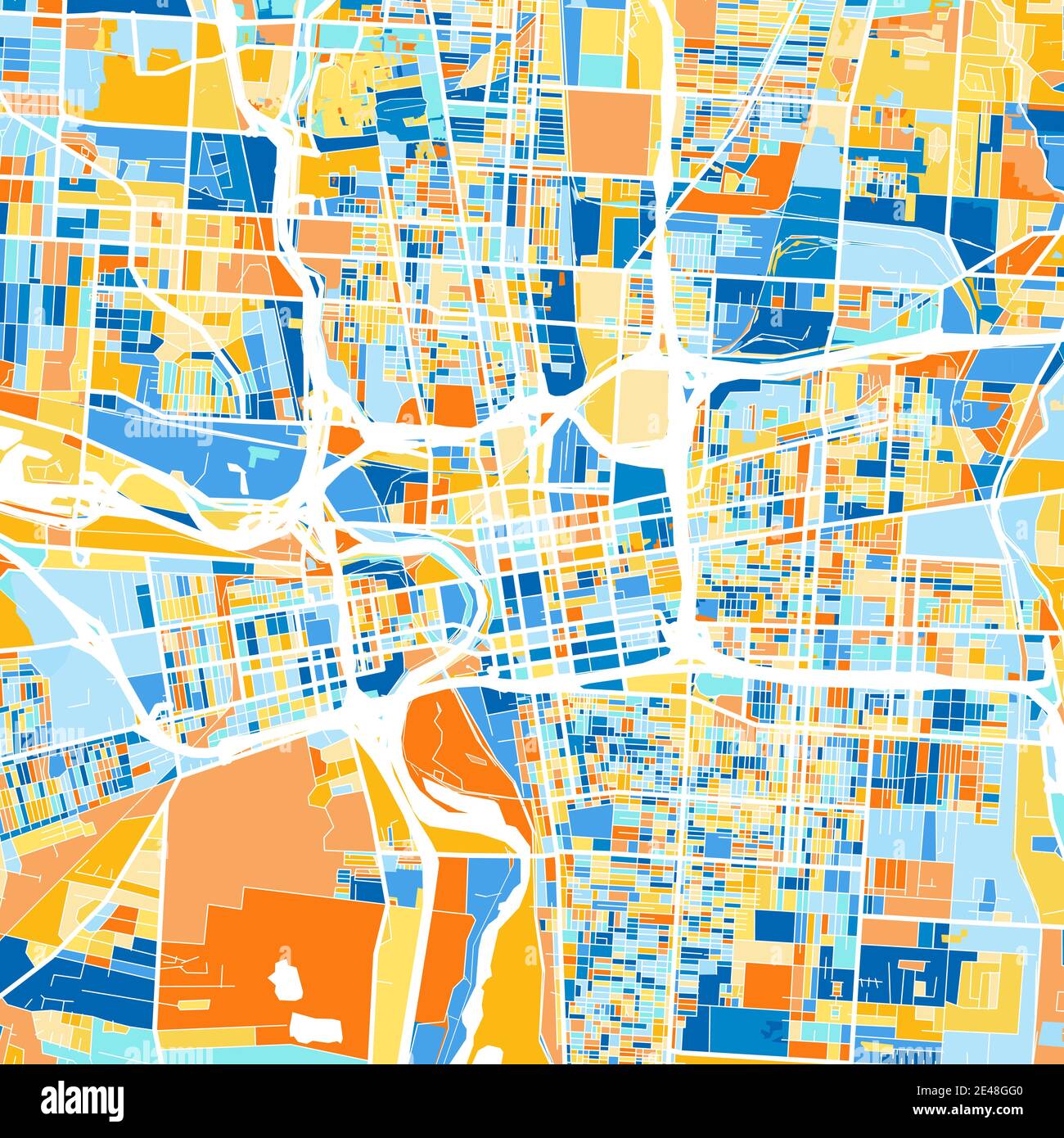 Carte d'art en couleur de Columbus, Ohio, UnitedStates dans les bleus et les oranges. Les gradations de couleurs de la carte de Columbus suivent un motif aléatoire. Illustration de Vecteur