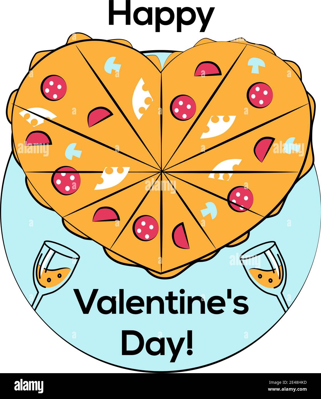 Pizza en forme de cœur et deux verres de vin Illustration de Vecteur