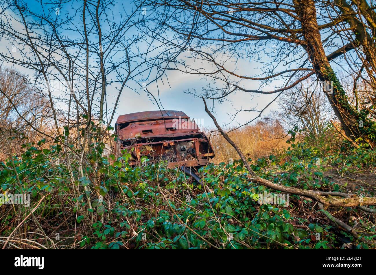 Vieille fourgonnette rouillée abandonnée dans les bois à Hurlfield près de Gleadless, Sheffield. Banque D'Images