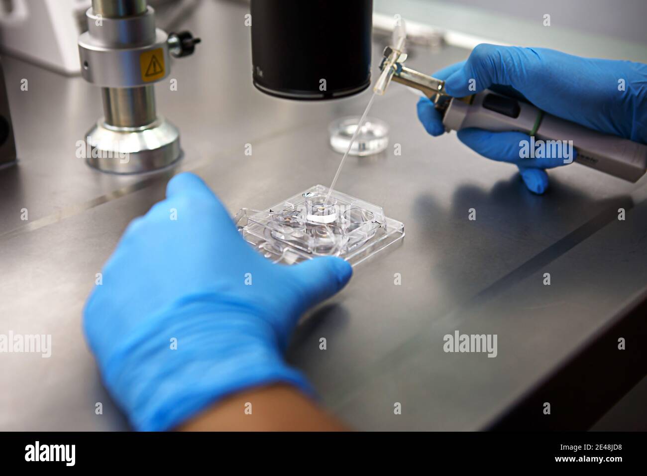 Mains d'un scientifique en laboratoire avec un tube à essai et un microscope. L'invention du vaccin, un médecin dans la clinique de l'inséminat artificiel Banque D'Images