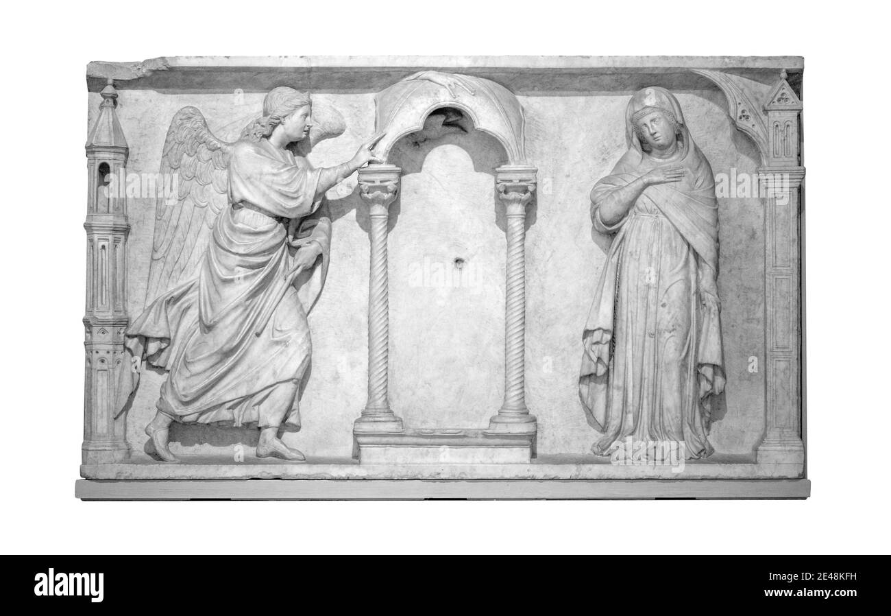 Frise italienne de marbre du XIIIe siècle de 'l'Annonciation'. Un message de l'ange Gabriel à Marie, elle concevrait divinely un fils pour être appelé Jésus Banque D'Images