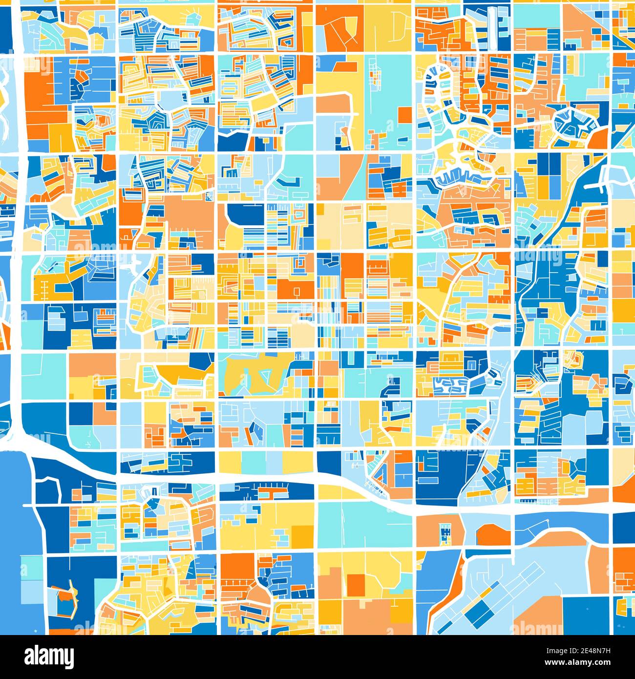 Carte d'art couleur de Chandler, Arizona, Etats-Unis dans le blues et l'orange. Les gradations de couleurs de la carte Chandler suivent un motif aléatoire. Illustration de Vecteur