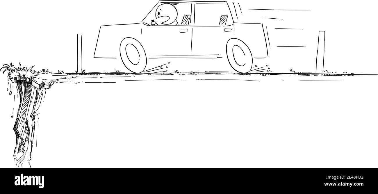 Voiture se déplaçant rapidement, fin de la route, conducteur est choqué, obstacle de la nature, illustration de dessin animé vectoriel. Illustration de Vecteur