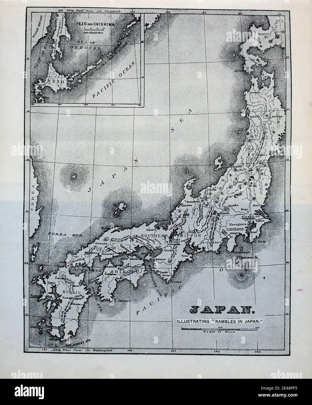 Carte du Japon du XIXe siècle tirée du livre « Rambles in Japan : The Land of the Rising Sun » de Tristram, H. B. (Henry Baker), 1822-1906. Date de publication 1895. Editeur New York : Revell Banque D'Images