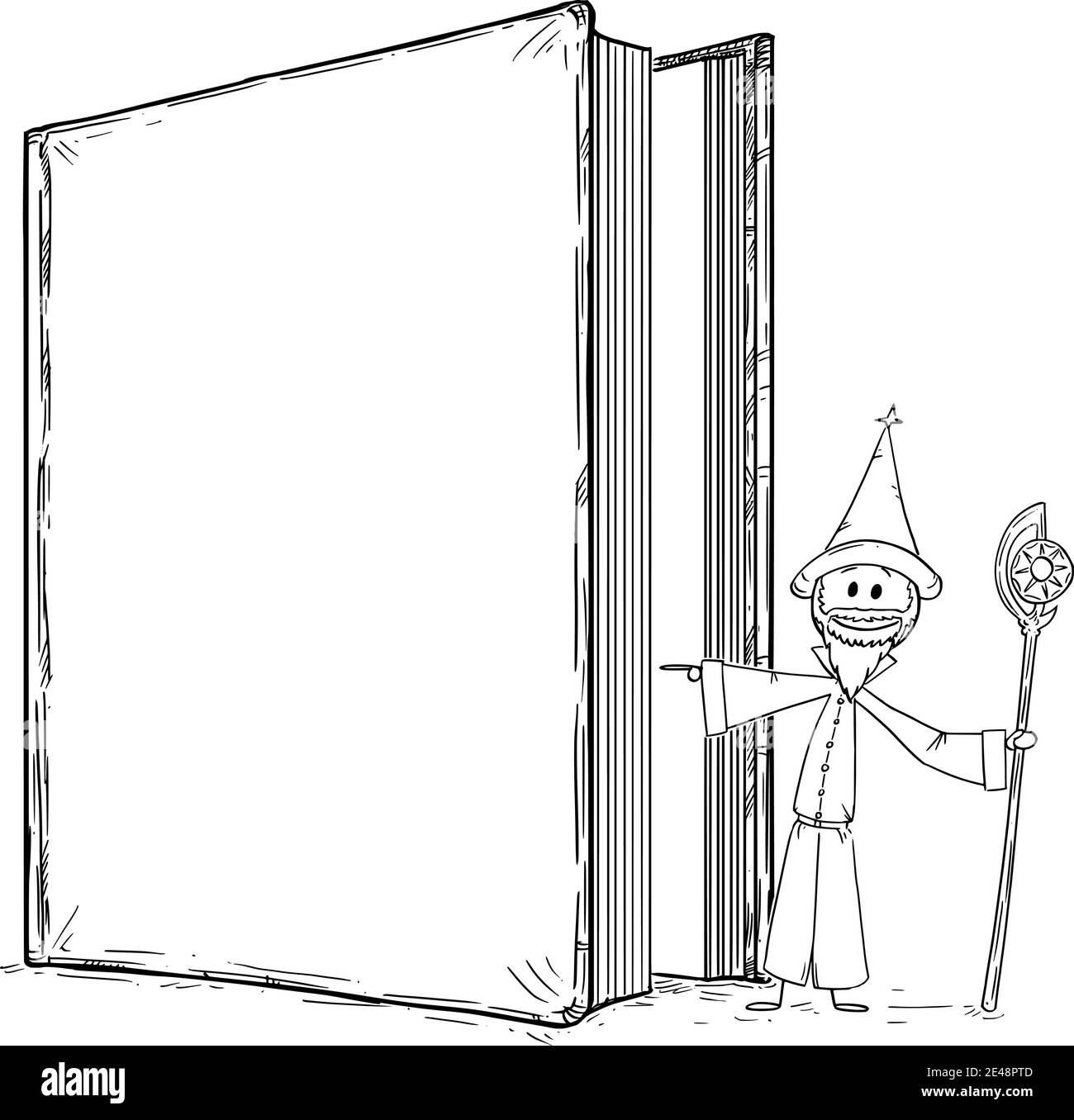 Fantaisie ou de conte de fées assistant comme personnage de livre invite les lecteurs à lire son histoire et entrer dans son monde, le dessin vectoriel bâton de dessin animé figure ou l'illustration de personnage. Illustration de Vecteur