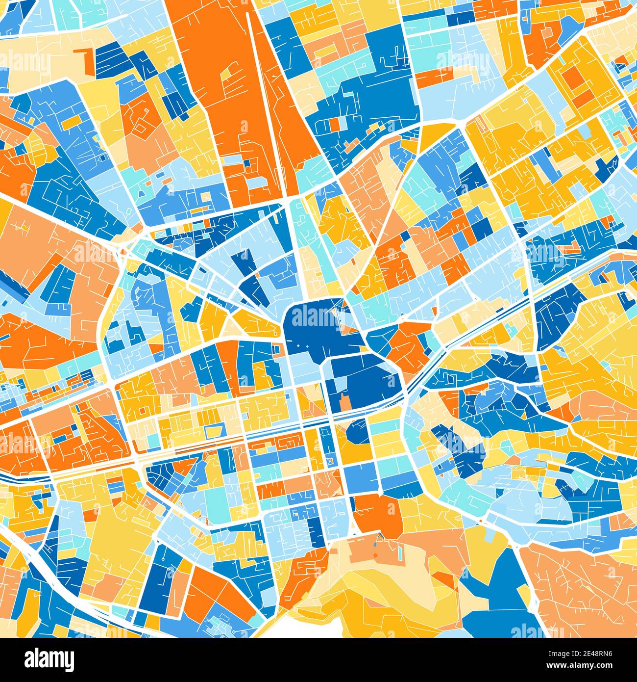 Carte d'art couleur de Tirana, Albanie iin blues et orange. Les gradations de couleurs de la carte de Tirana suivent un motif aléatoire. Illustration de Vecteur