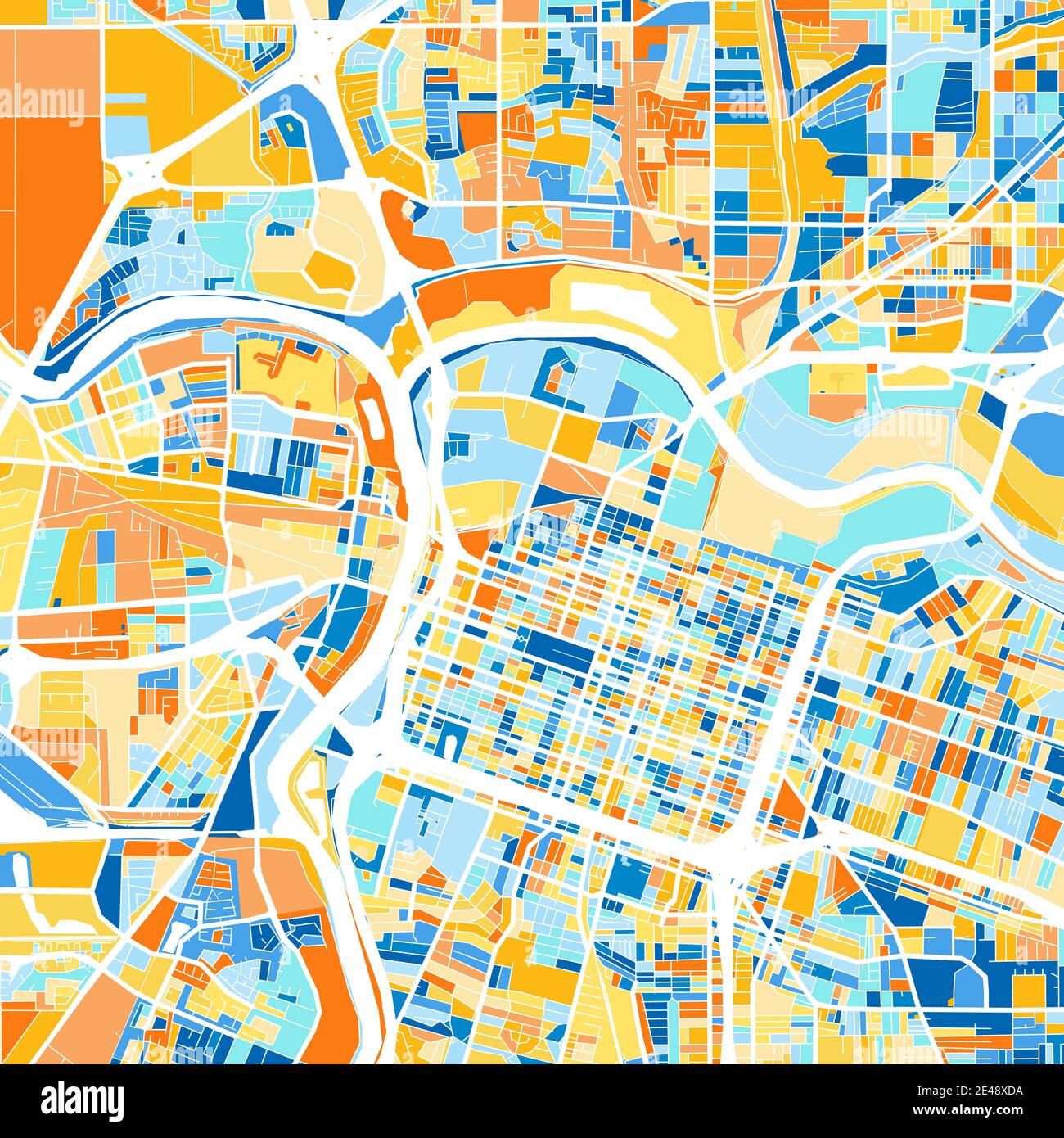 Carte d'art couleur de Sacramento, Californie, Etats-Unis dans le blues et l'orange. Les gradations de couleurs de la carte de Sacramento suivent un motif aléatoire. Illustration de Vecteur
