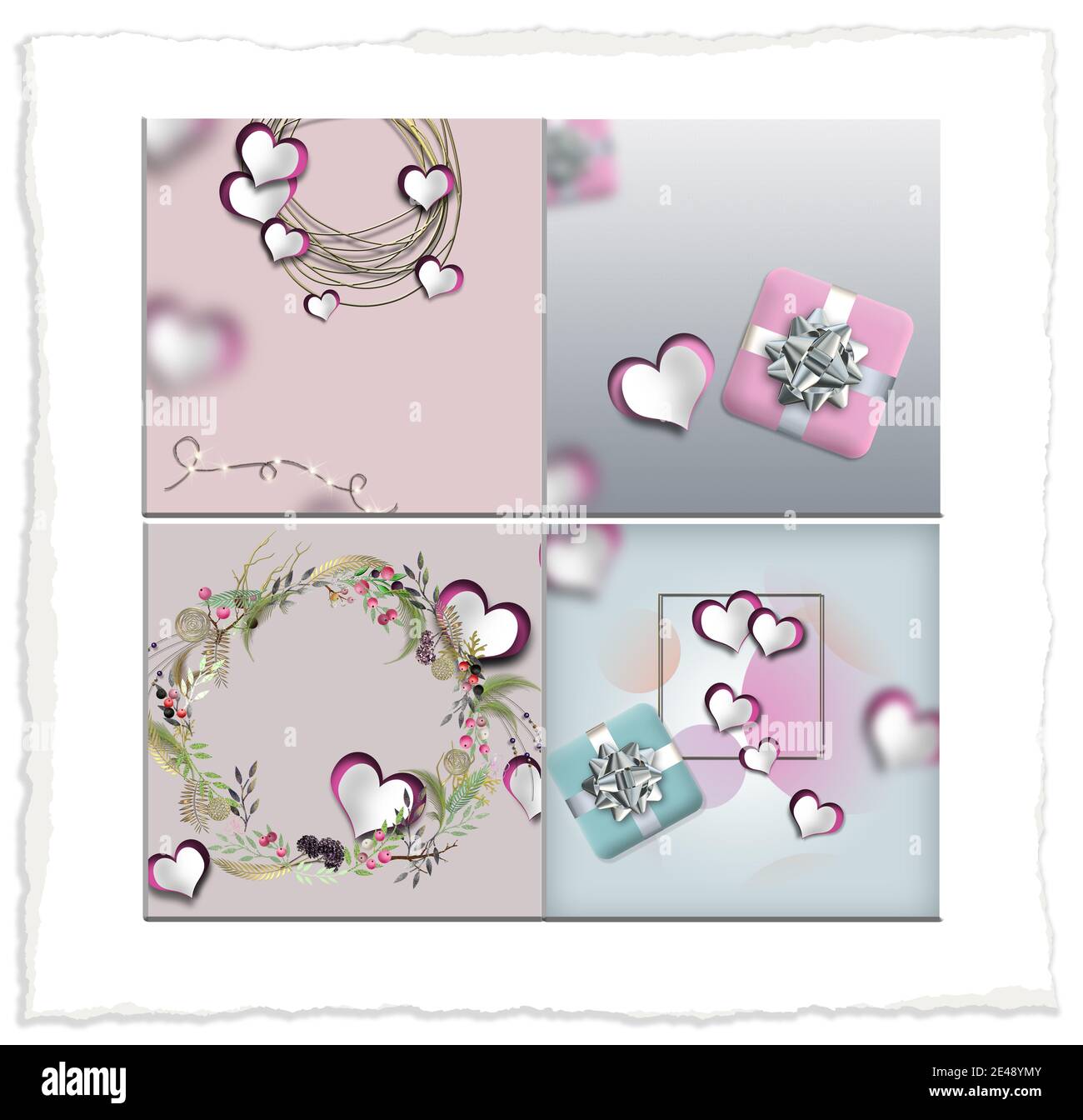 saint-valentin collage, coeurs, couleurs pastel. Coeurs en papier, boîte-cadeau, couronne fleurie sur fond pastel. illustration 3d Banque D'Images
