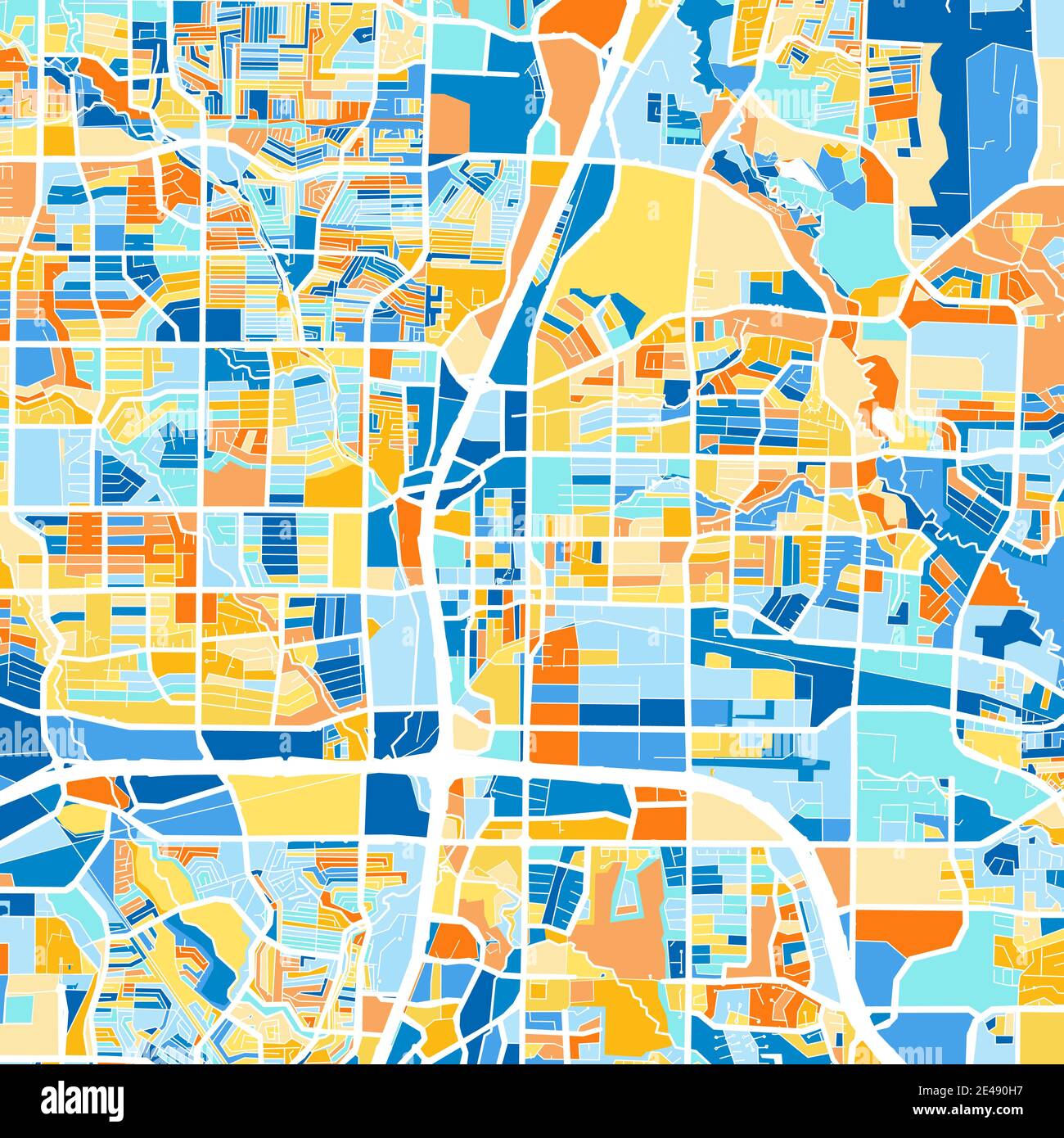 Carte d'art couleur de Plano, Texas, UnitedStates dans les bleus et les oranges. Les gradations de couleurs de la carte Plano suivent un motif aléatoire. Illustration de Vecteur