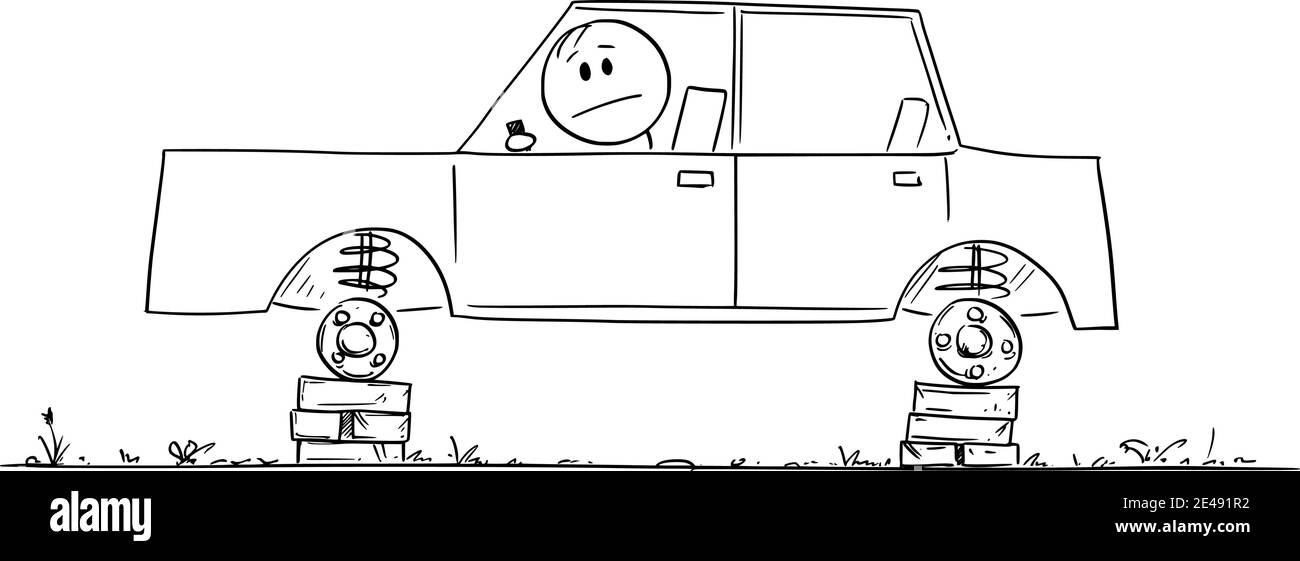 Conducteur ou homme essayant de conduire la voiture sans roues, dessin animé vectoriel chiffre ou illustration de caractère. Illustration de Vecteur