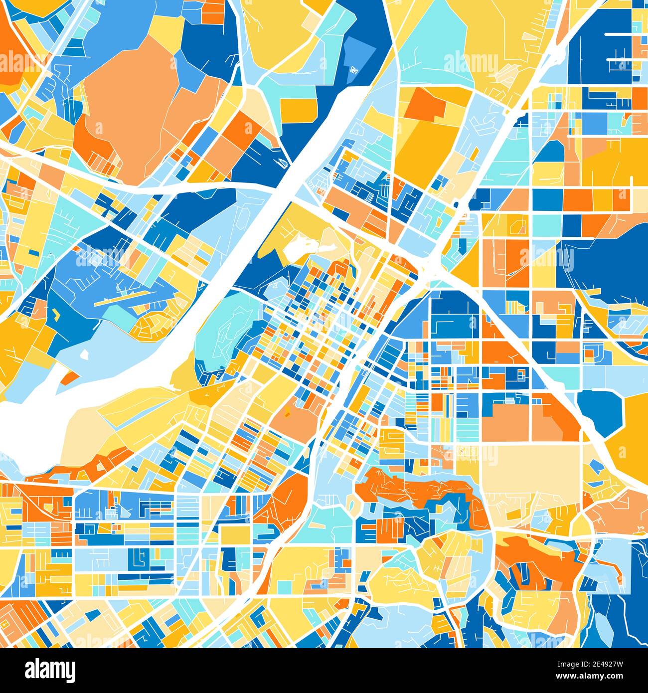 Carte d'art couleur de Riverside, Californie, Etats-Unis dans le blues et l'orange. Les gradations de couleurs de la carte Riverside suivent un motif aléatoire. Illustration de Vecteur