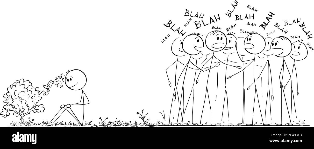 L'homme entend le chant de l'oiseau, la foule de gens est en train de chanter et d'ignorer la beauté de la nature, la figure de bâton de dessin animé vectoriel ou l'illustration de caractère. Illustration de Vecteur