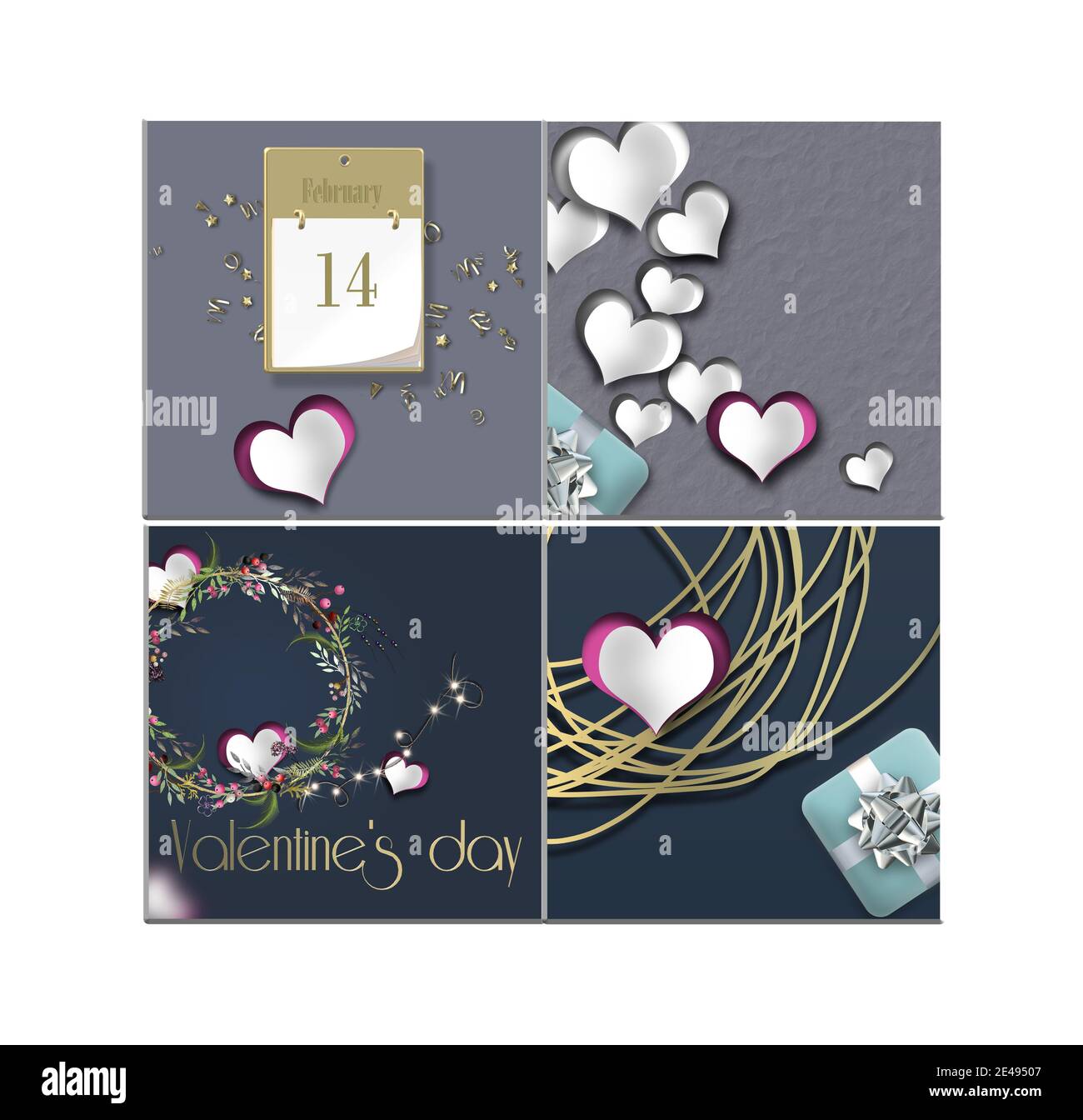 saint-valentin collage, coeurs. Ensemble élégant de cartes avec coeurs, boîte-cadeau, couronne fleurie. Modèle de Saint-Valentin, bordure, maquette. Place pour le texte. illustration 3d Banque D'Images