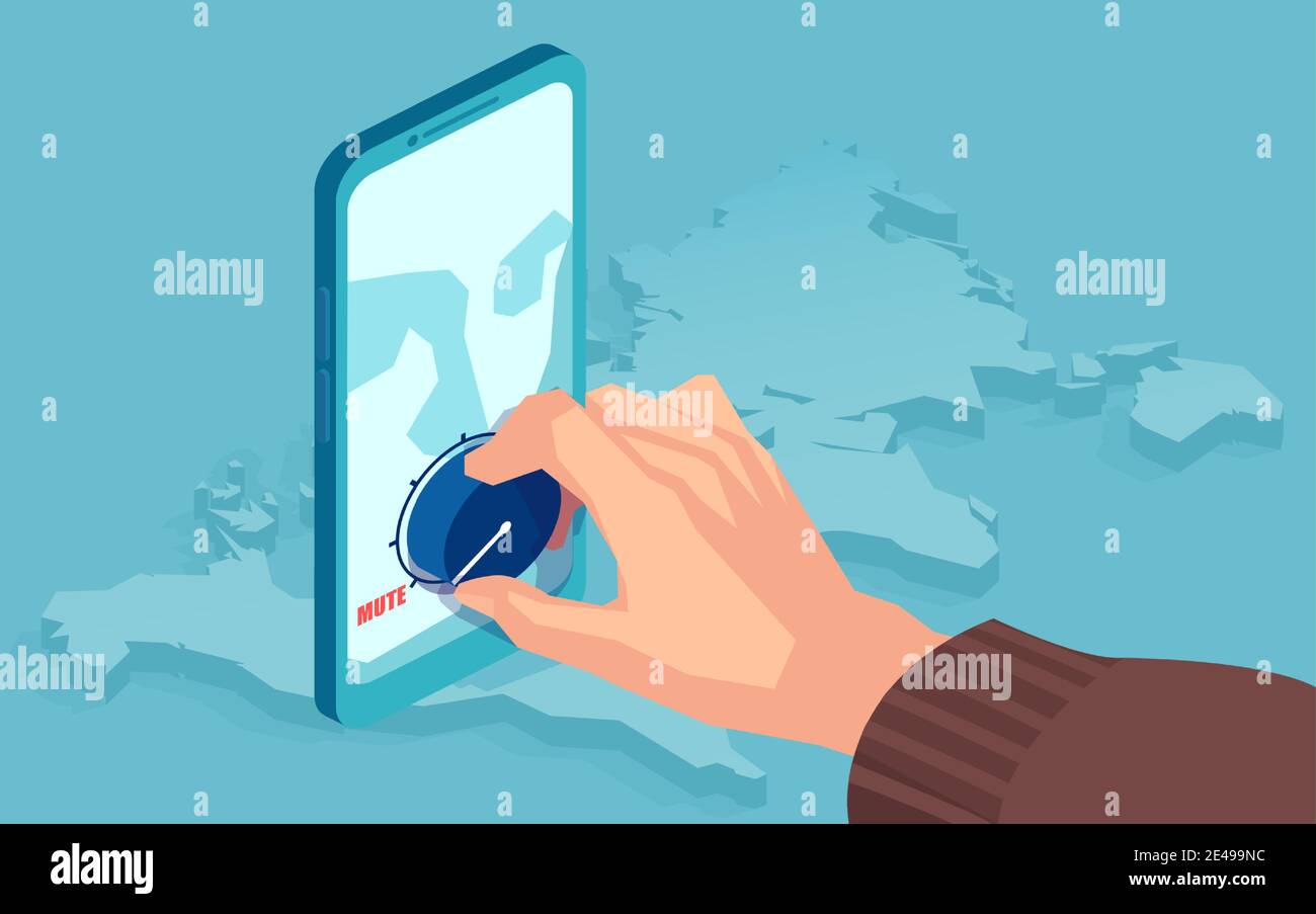 Vecteur de réduction du volume par un homme sur un smartphone fermeture du compte de médias sociaux d'un utilisateur Illustration de Vecteur