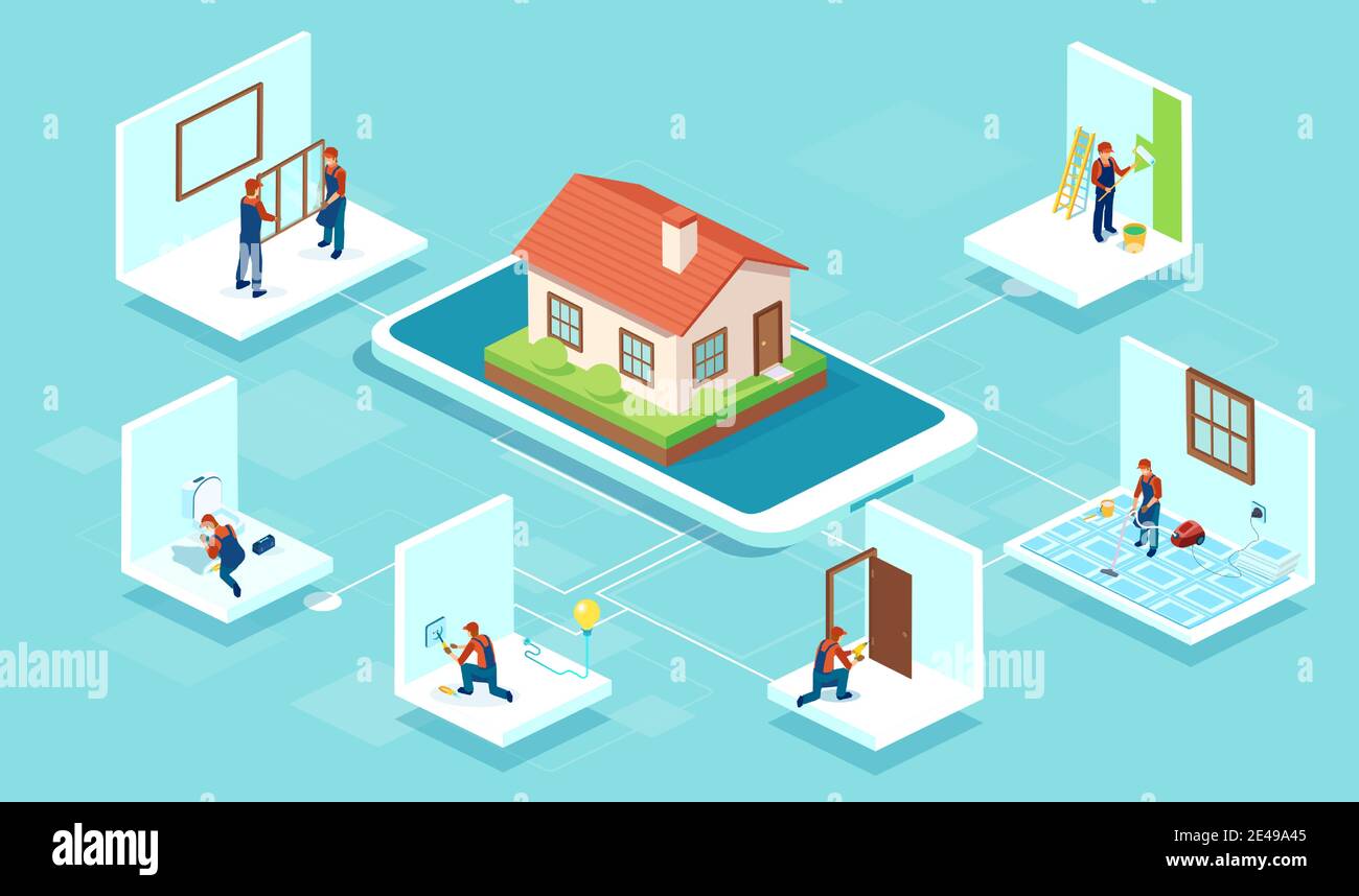 Services de construction et de rénovation de maisons par une équipe professionnelle de construction concept hommes Illustration de Vecteur