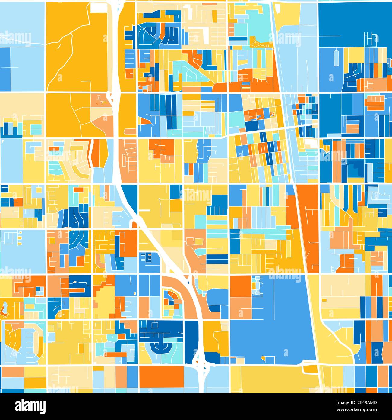 Carte d'art en couleur de Lancaster, Californie, Etats-Unis dans les bleus et les oranges. Les gradations de couleurs de la carte Lancaster suivent un motif aléatoire. Illustration de Vecteur