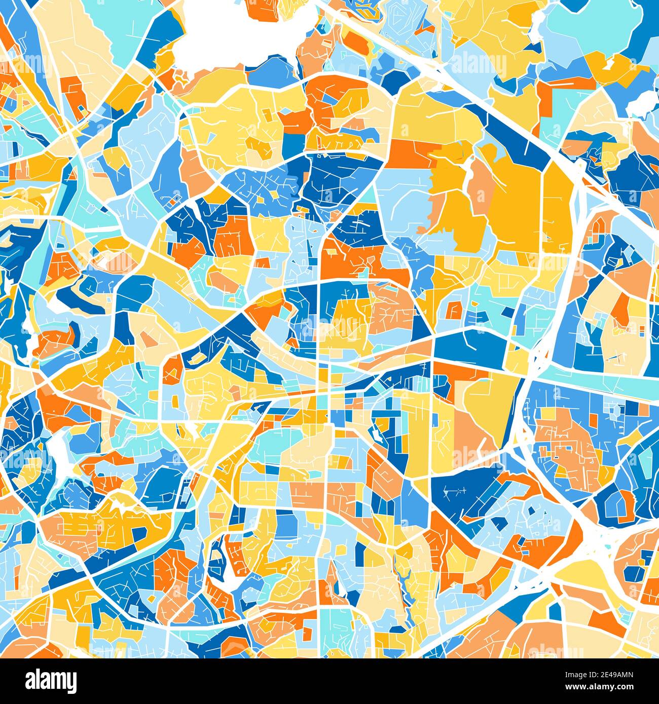 Carte d'art couleur de Cary, Caroline du Nord, Etats-Unis dans le blues et l'orange. Les gradations de couleurs dans la carte Cary suivent un motif aléatoire. Illustration de Vecteur