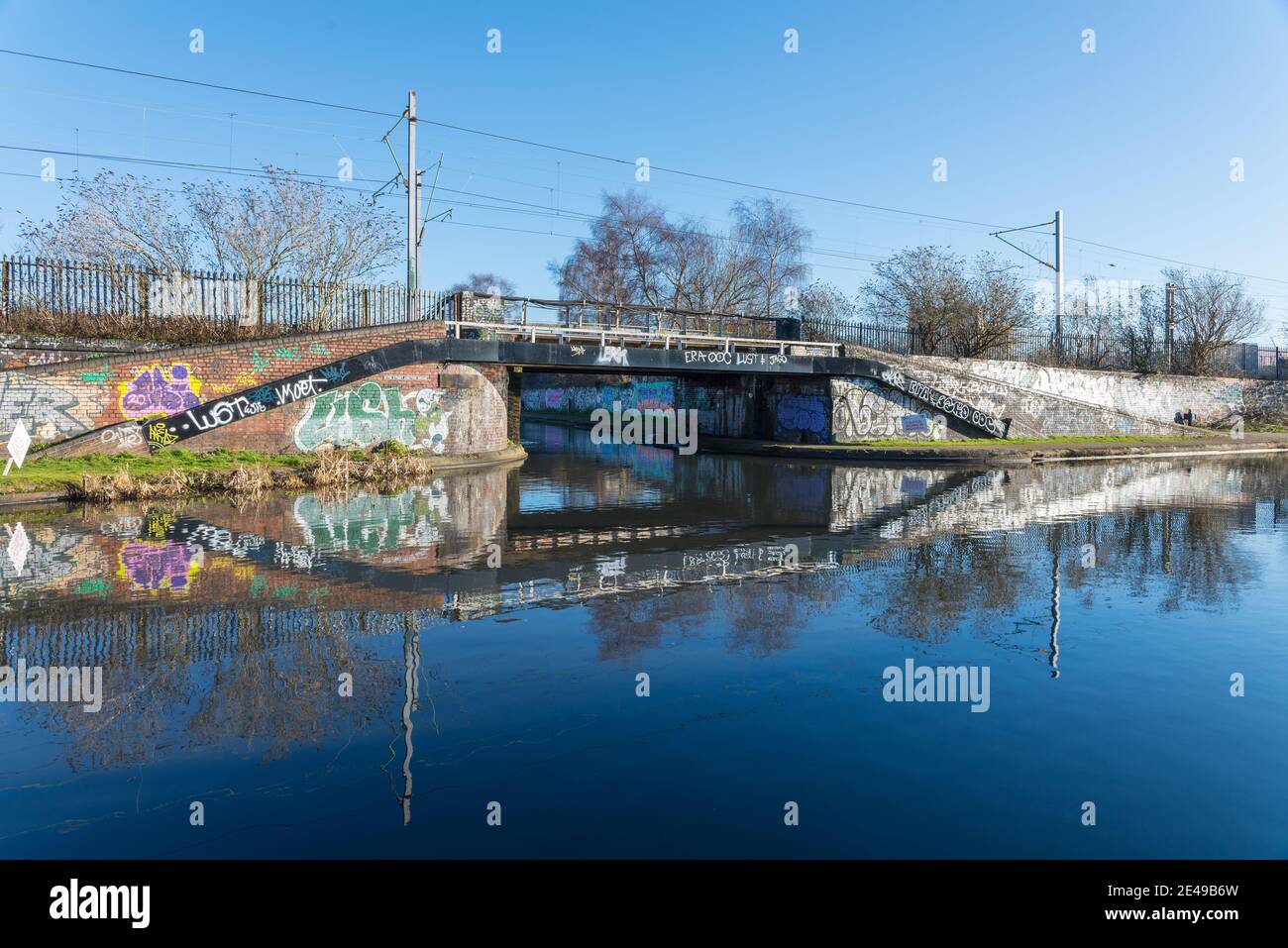 Pont sur la Birmingham Canal Old Line traversant Ladywood près du centre-ville de Birmingham par une belle journée d'hiver Banque D'Images