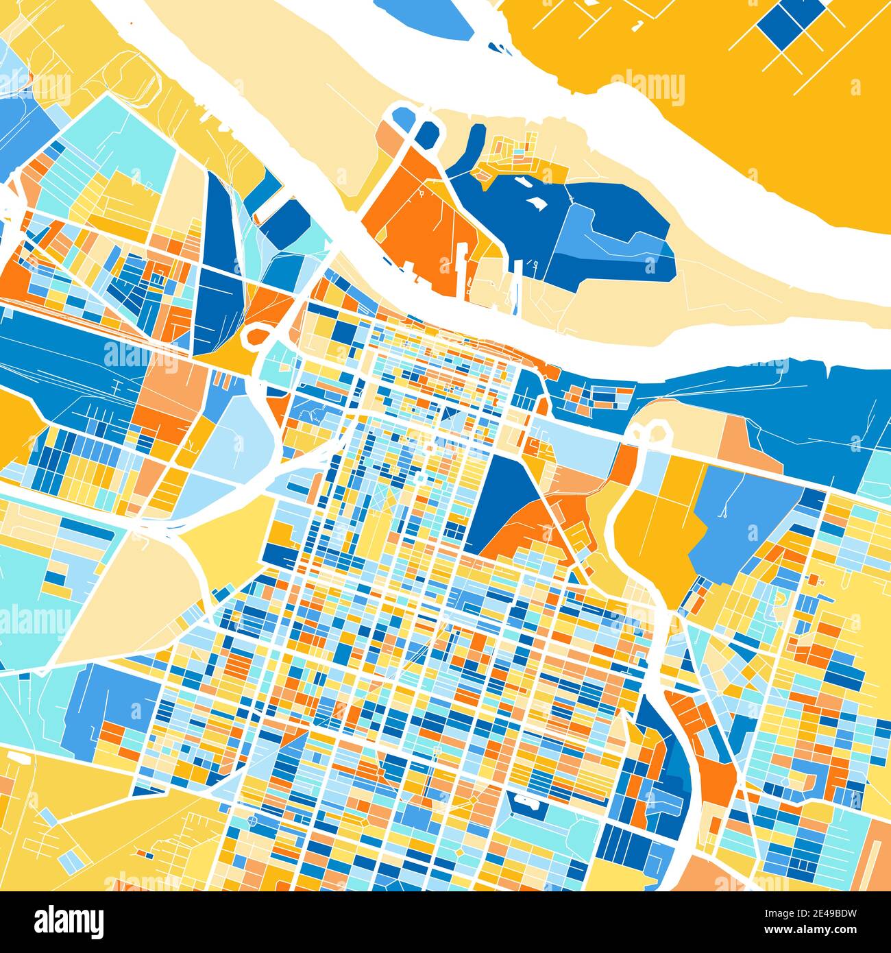 Carte d'art couleur de Savannah, Géorgie, Etats-Unis dans le blues et l'orange. Les gradations de couleurs de la carte Savannah suivent un motif aléatoire. Illustration de Vecteur