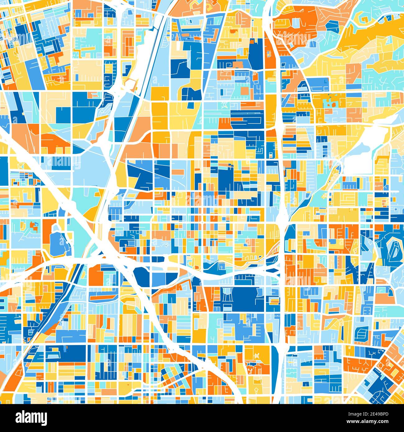 Carte d'art couleur d'Orange, Californie, Etats-Unis dans le blues et l'orange. Les gradations de couleurs de la carte Orange suivent un motif aléatoire. Illustration de Vecteur