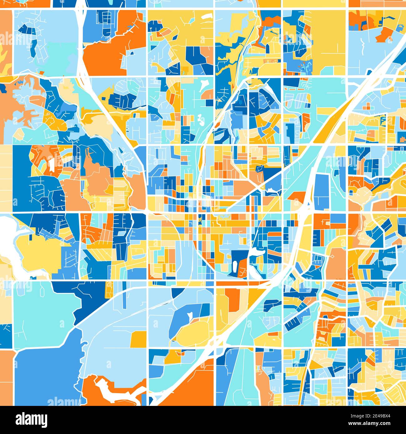 Carte d'art en couleur d'Olathe, Kansas, UnitedStates dans les bleus et les oranges. Les gradations de couleurs dans la carte Olathe suivent un motif aléatoire. Illustration de Vecteur